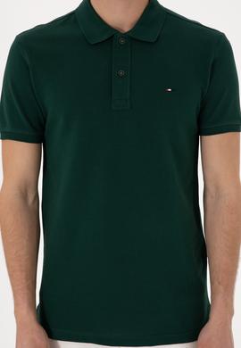 Erkek Slim Fit Polo Yaka Koyu Yeşil Basic Tişört - 50297983063