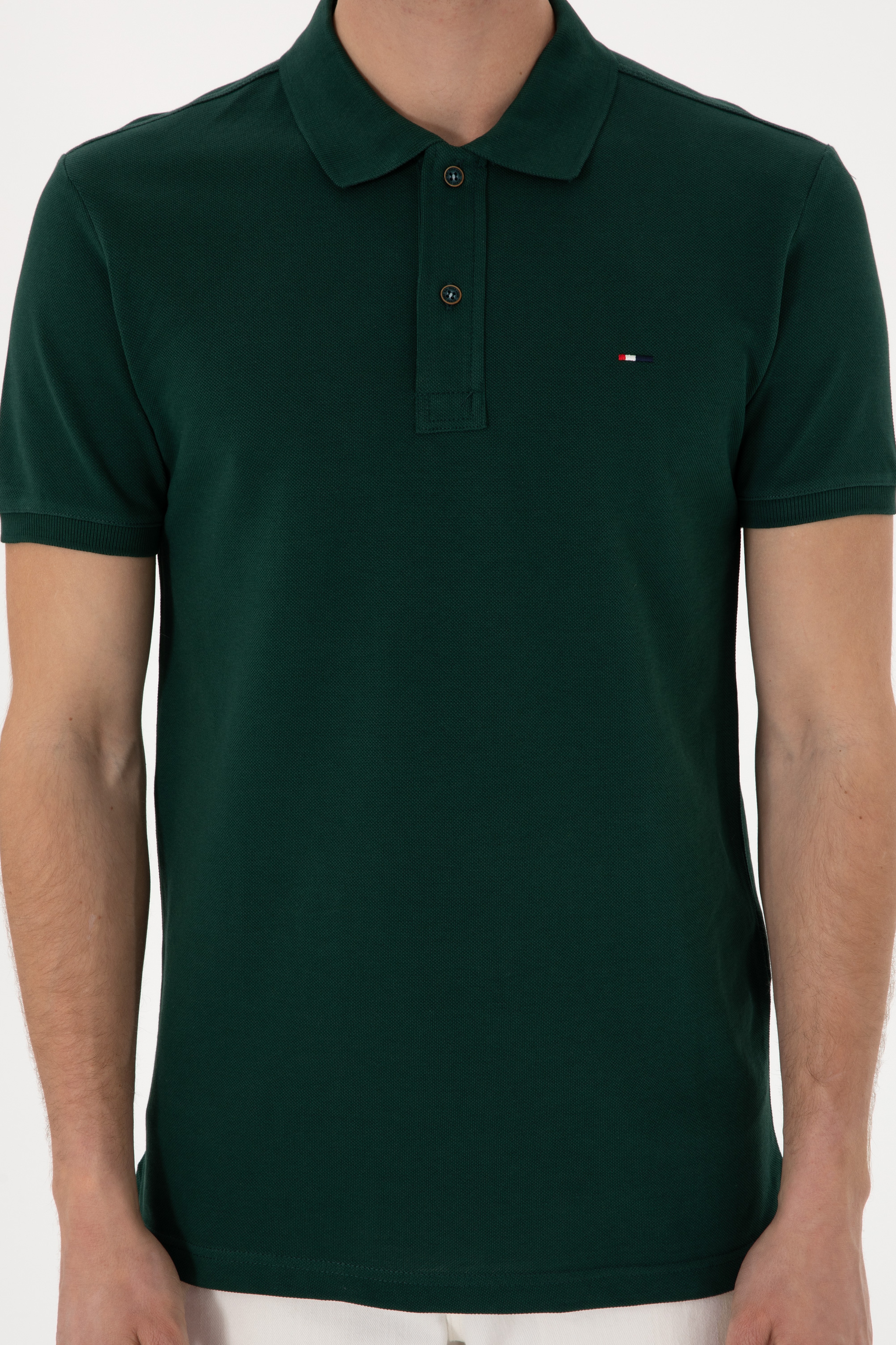 Erkek Slim Fit Polo Yaka Koyu Yeşil Basic Tişört