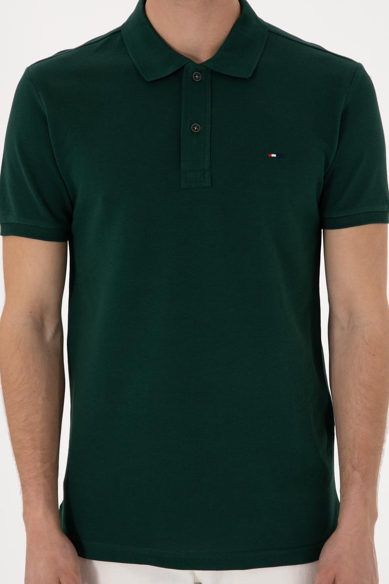 Erkek Slim Fit Polo Yaka Koyu Yeşil Basic Tişört - 50297983063