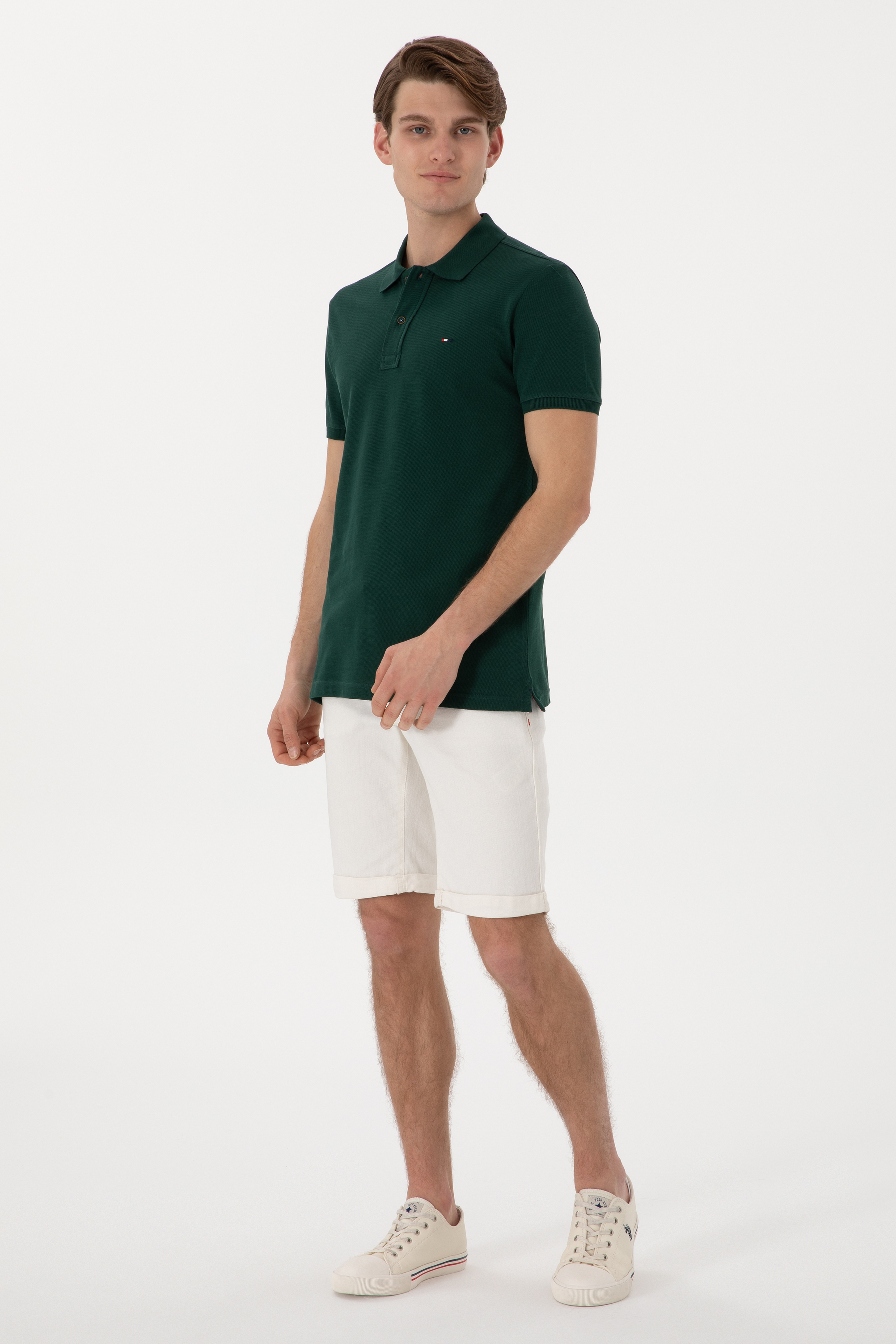 Erkek Slim Fit Polo Yaka Koyu Yeşil Basic Tişört - Image 4