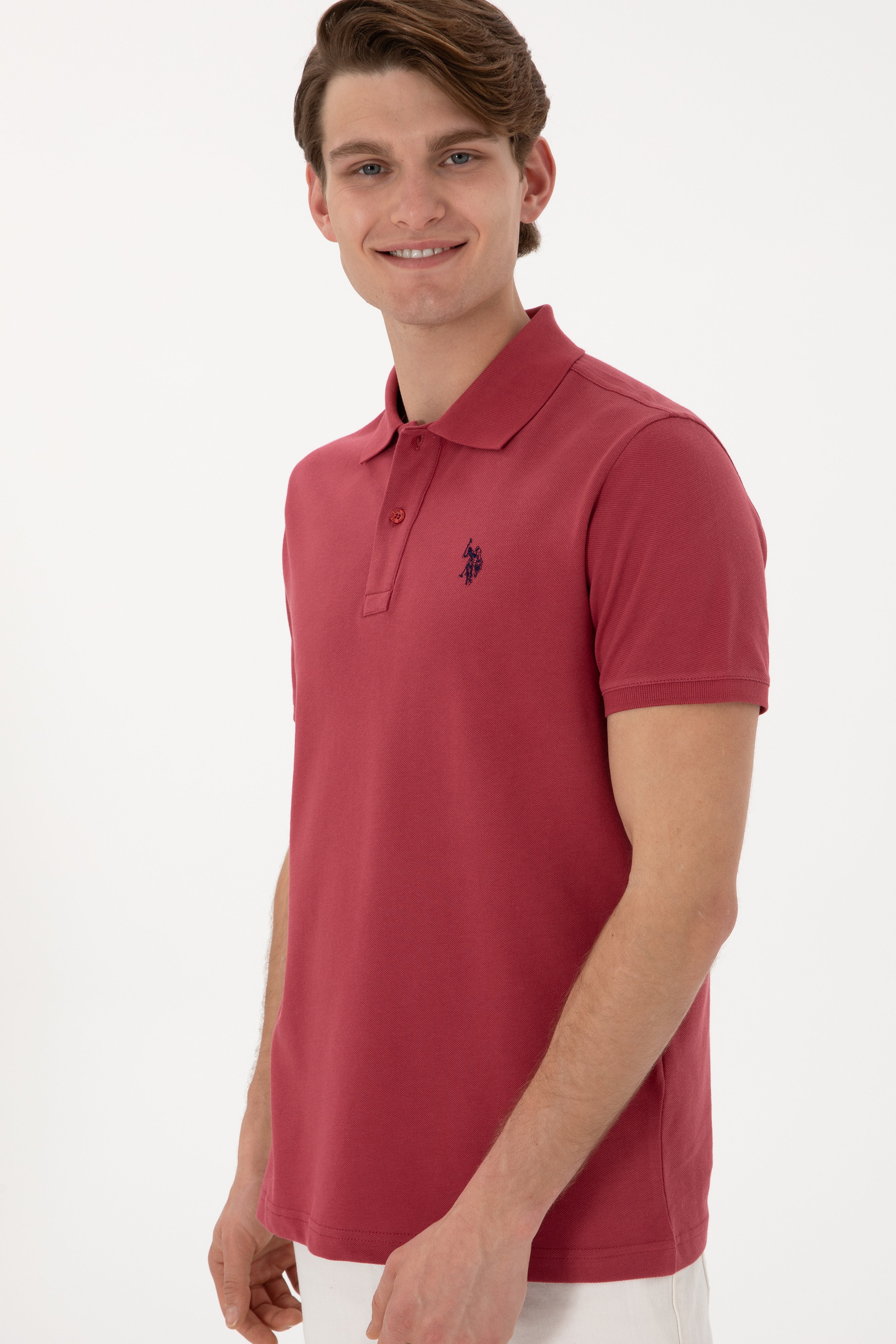 Erkek Slim Fit Polo Yaka Vişne Basic Tişört