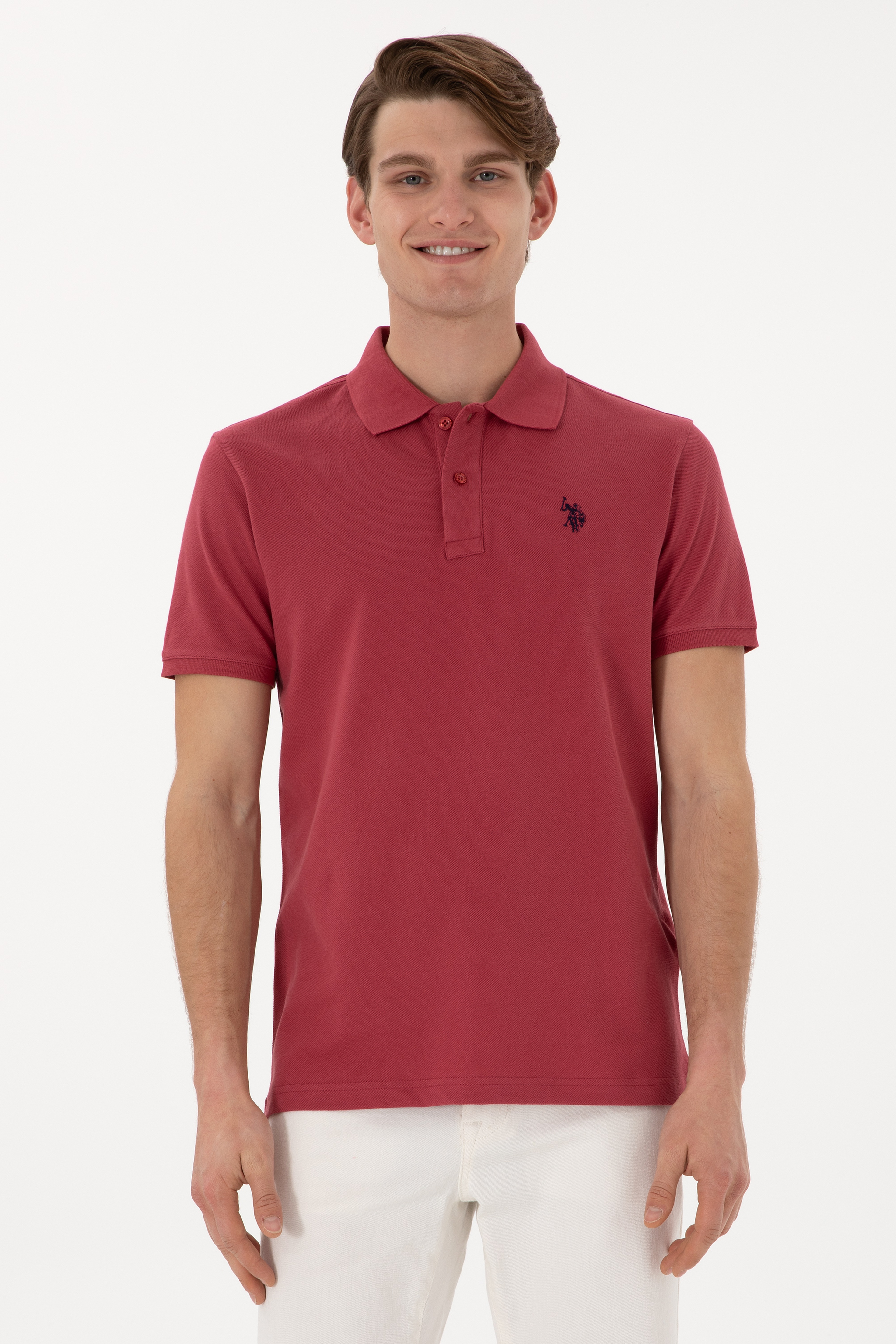 Erkek Slim Fit Polo Yaka Vişne Basic Tişört - Image 1