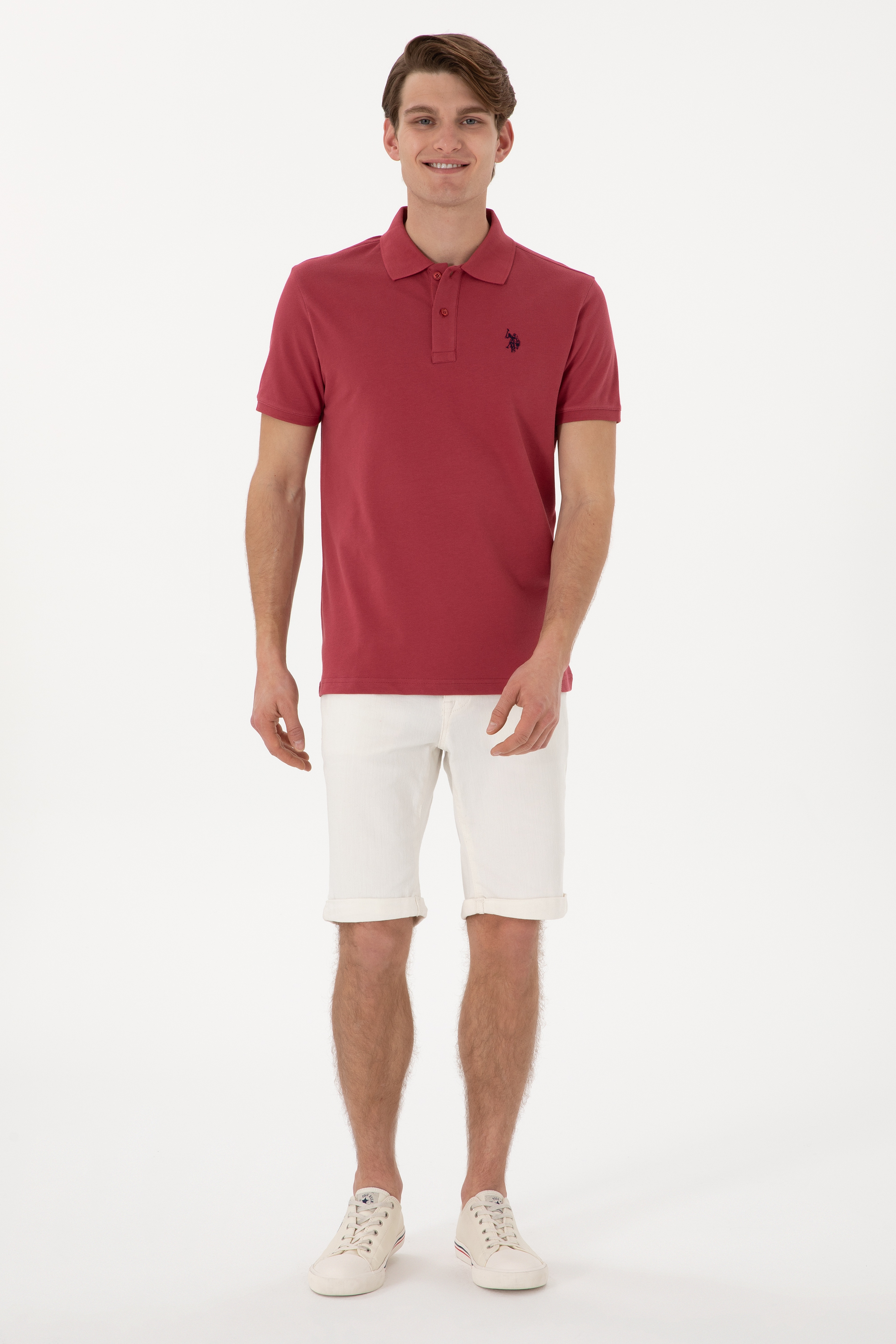 Erkek Slim Fit Polo Yaka Vişne Basic Tişört