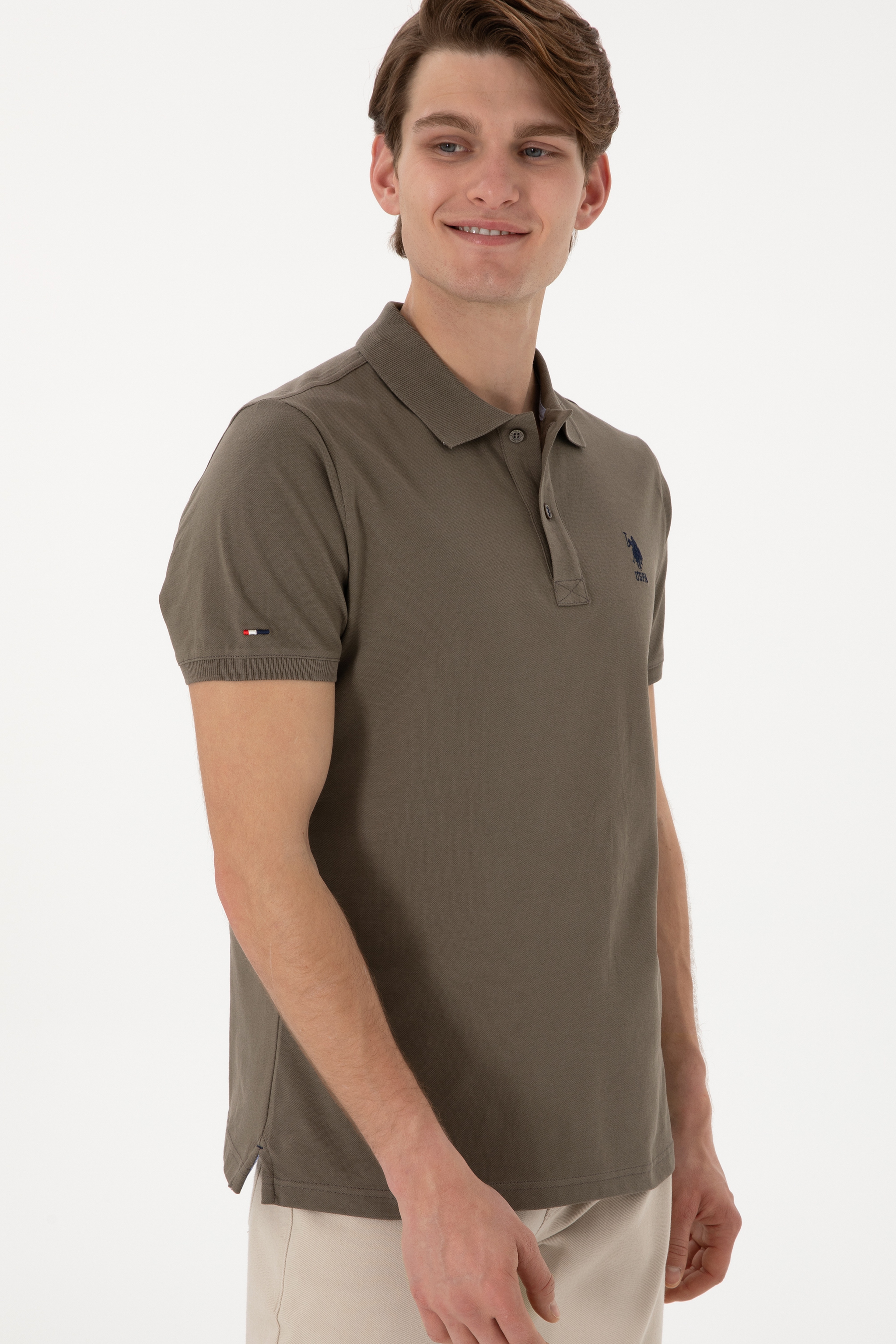 Erkek Slim Fit Polo Yaka Vizon Basic Tişört