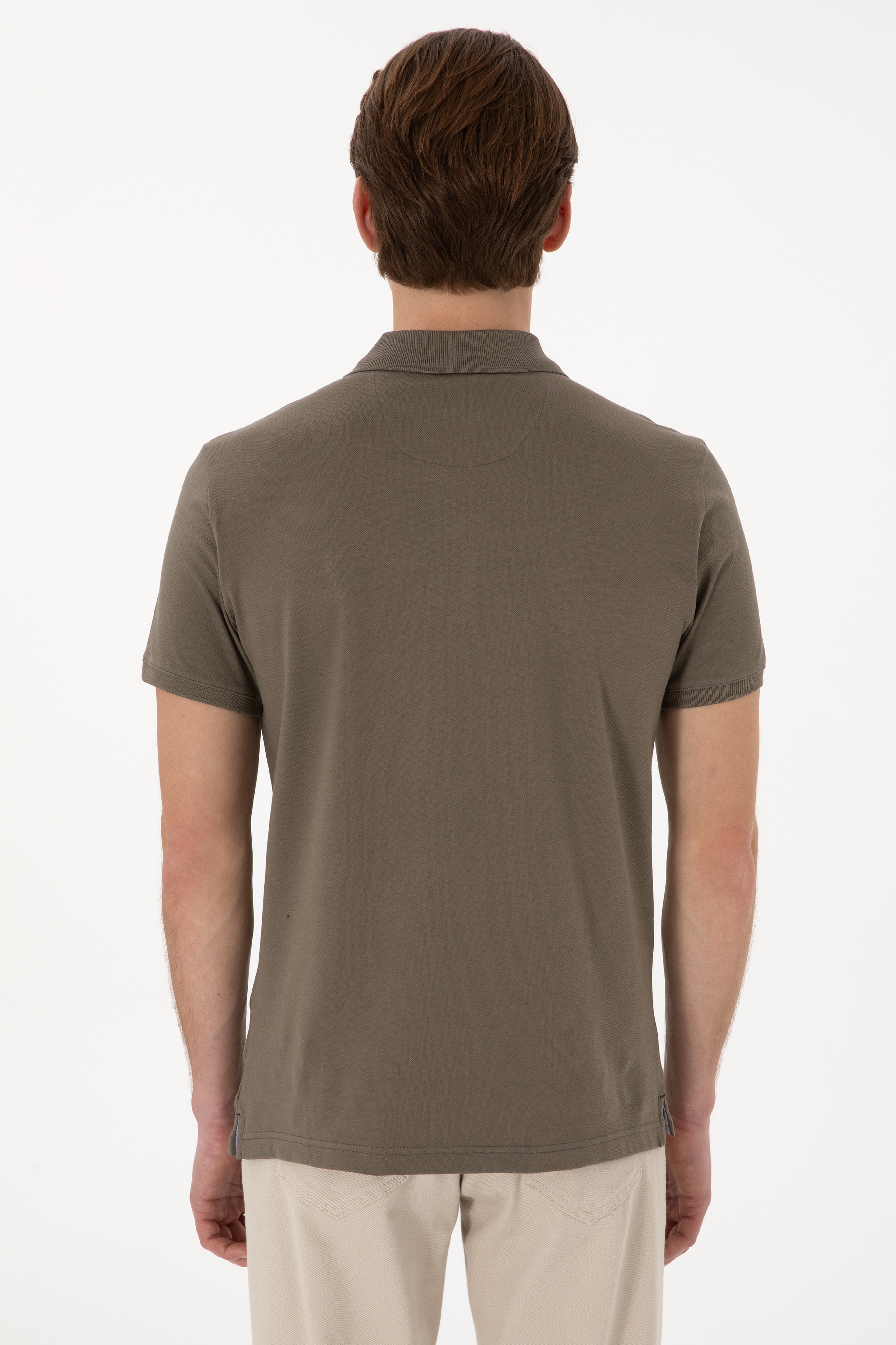 Erkek Slim Fit Polo Yaka Vizon Basic Tişört - Image 5