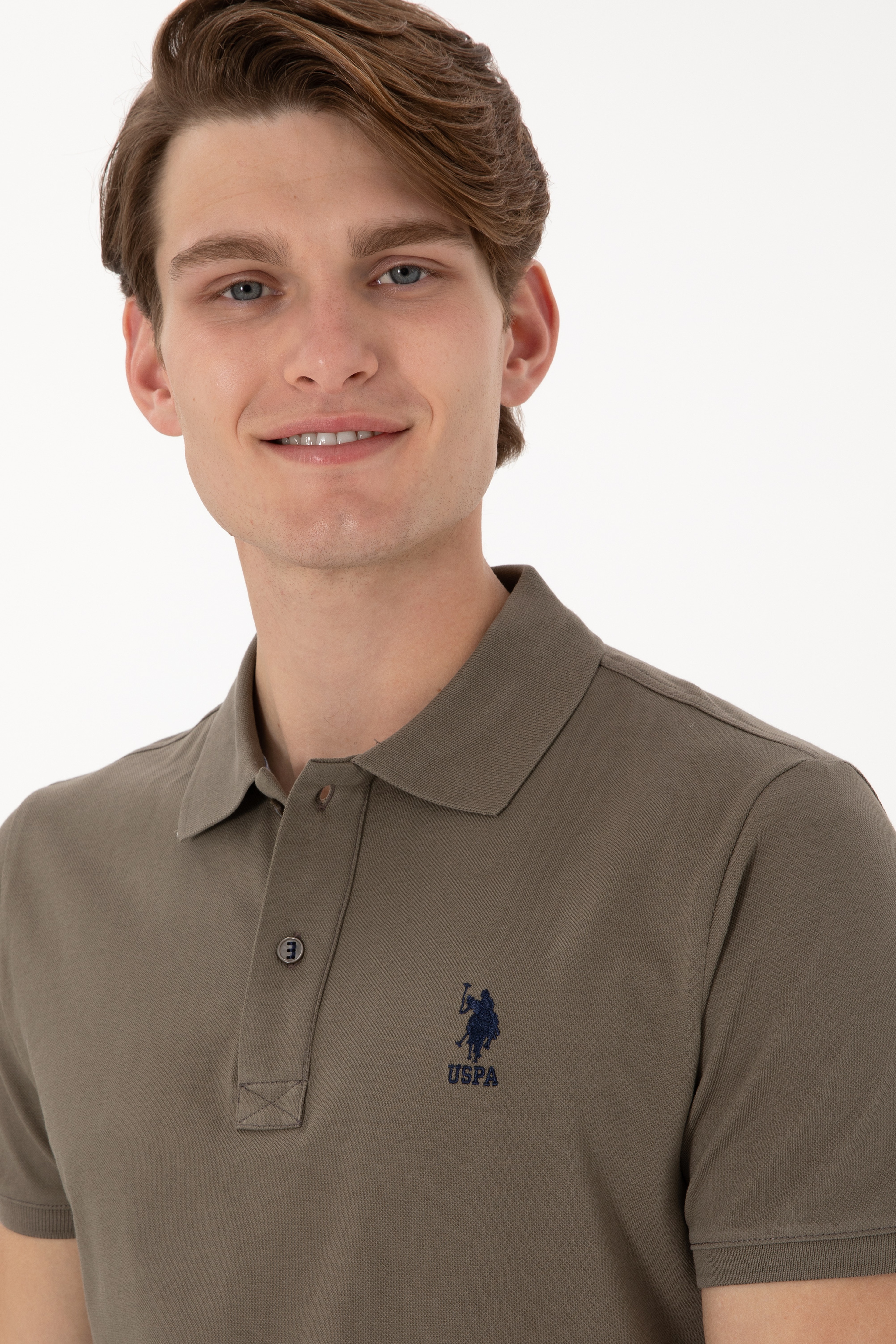 Erkek Slim Fit Polo Yaka Vizon Basic Tişört - Image 2