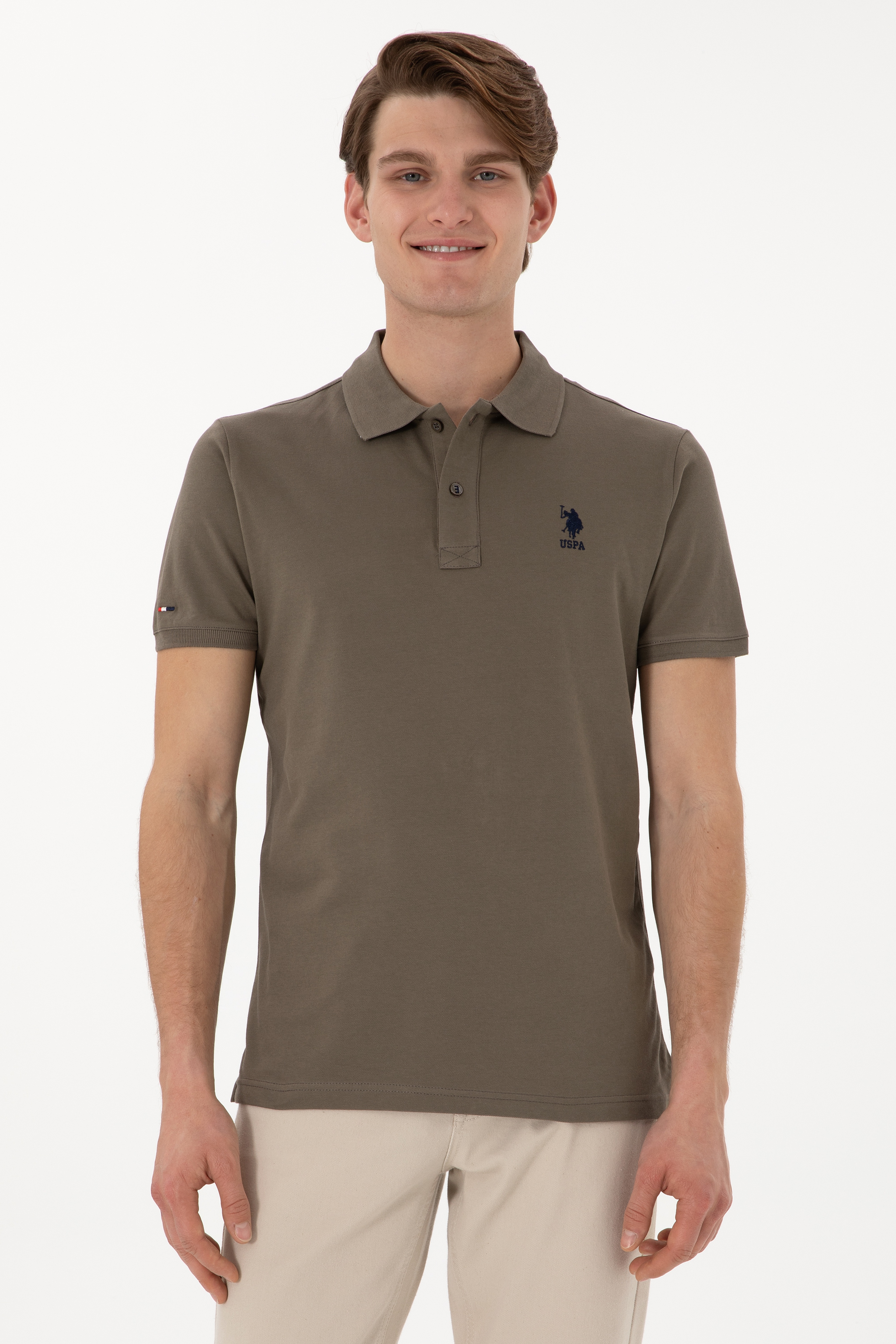 Erkek Slim Fit Polo Yaka Vizon Basic Tişört - Image 1