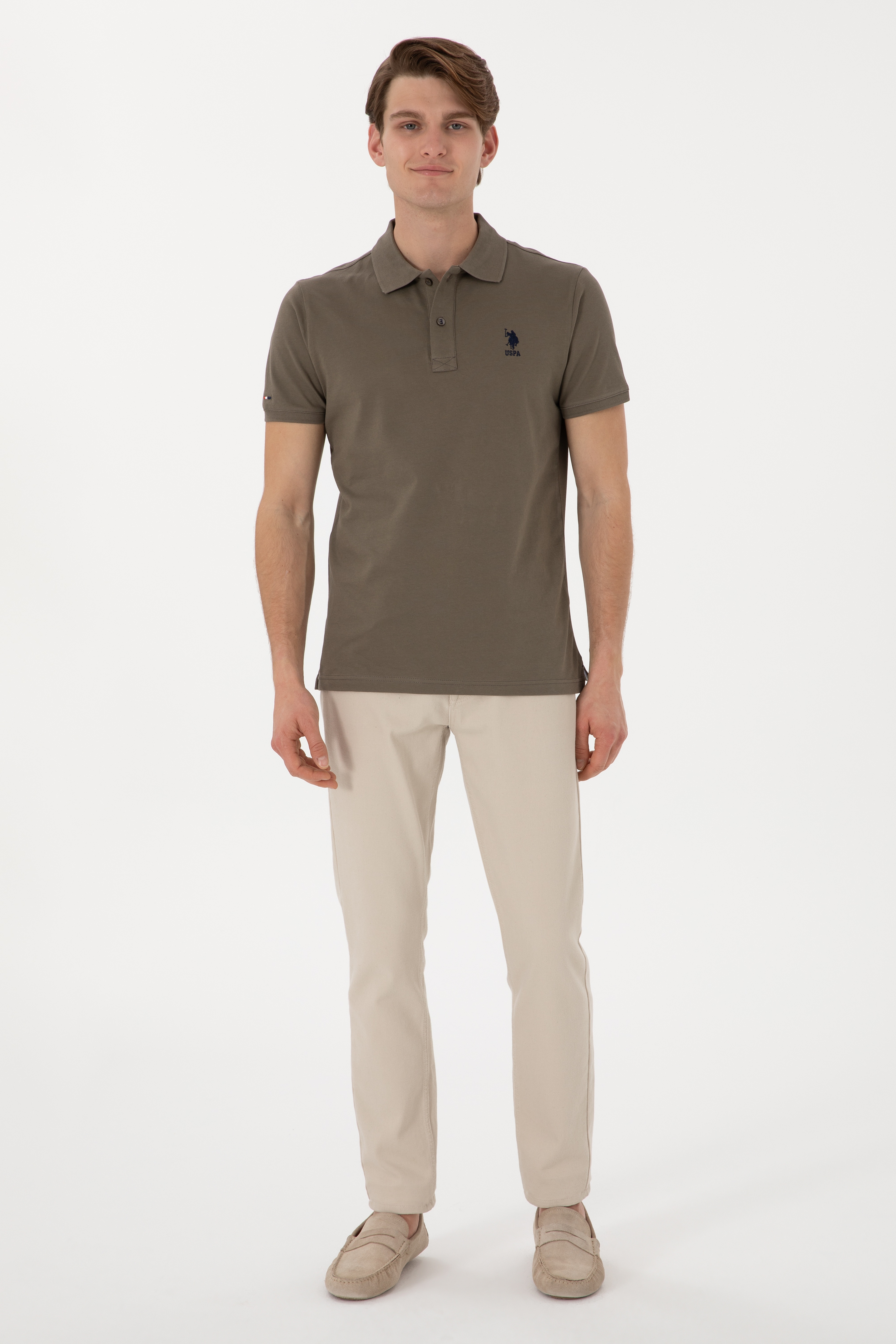 Erkek Slim Fit Polo Yaka Vizon Basic Tişört