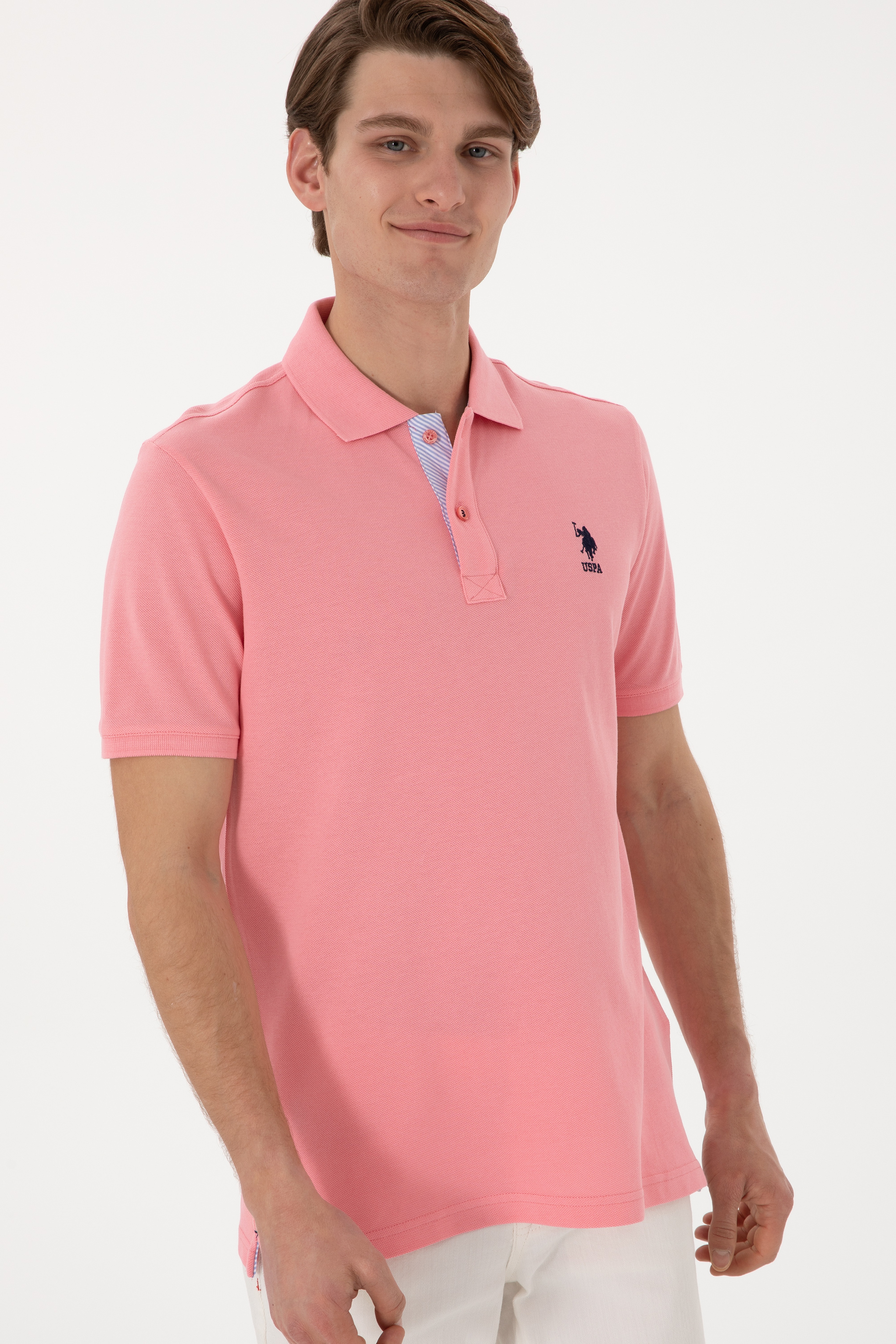 Erkek Regular Fit Polo Yaka Pembe Basic Tişört - Image 3