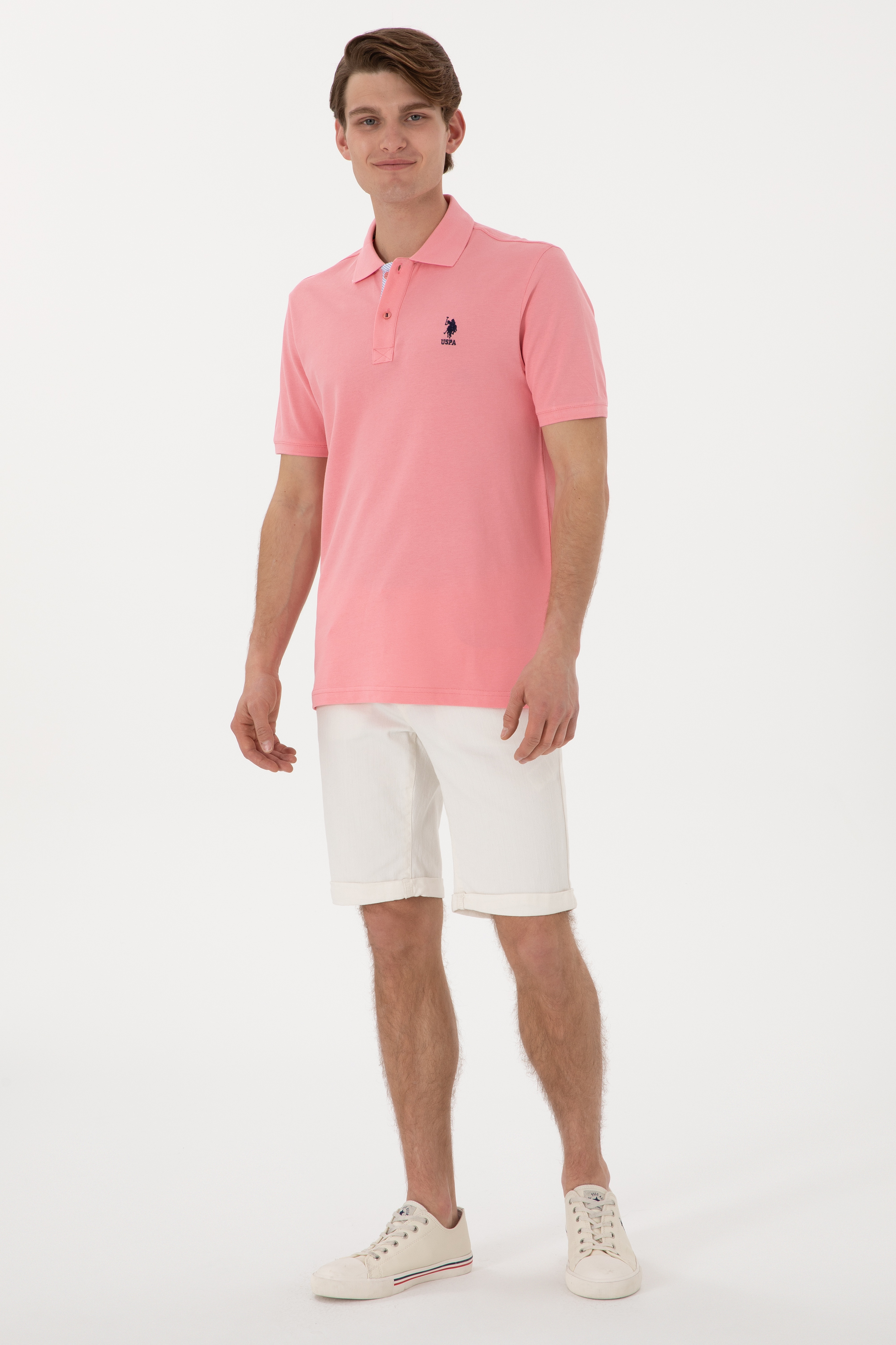 Erkek Regular Fit Polo Yaka Pembe Basic Tişört - Image 4