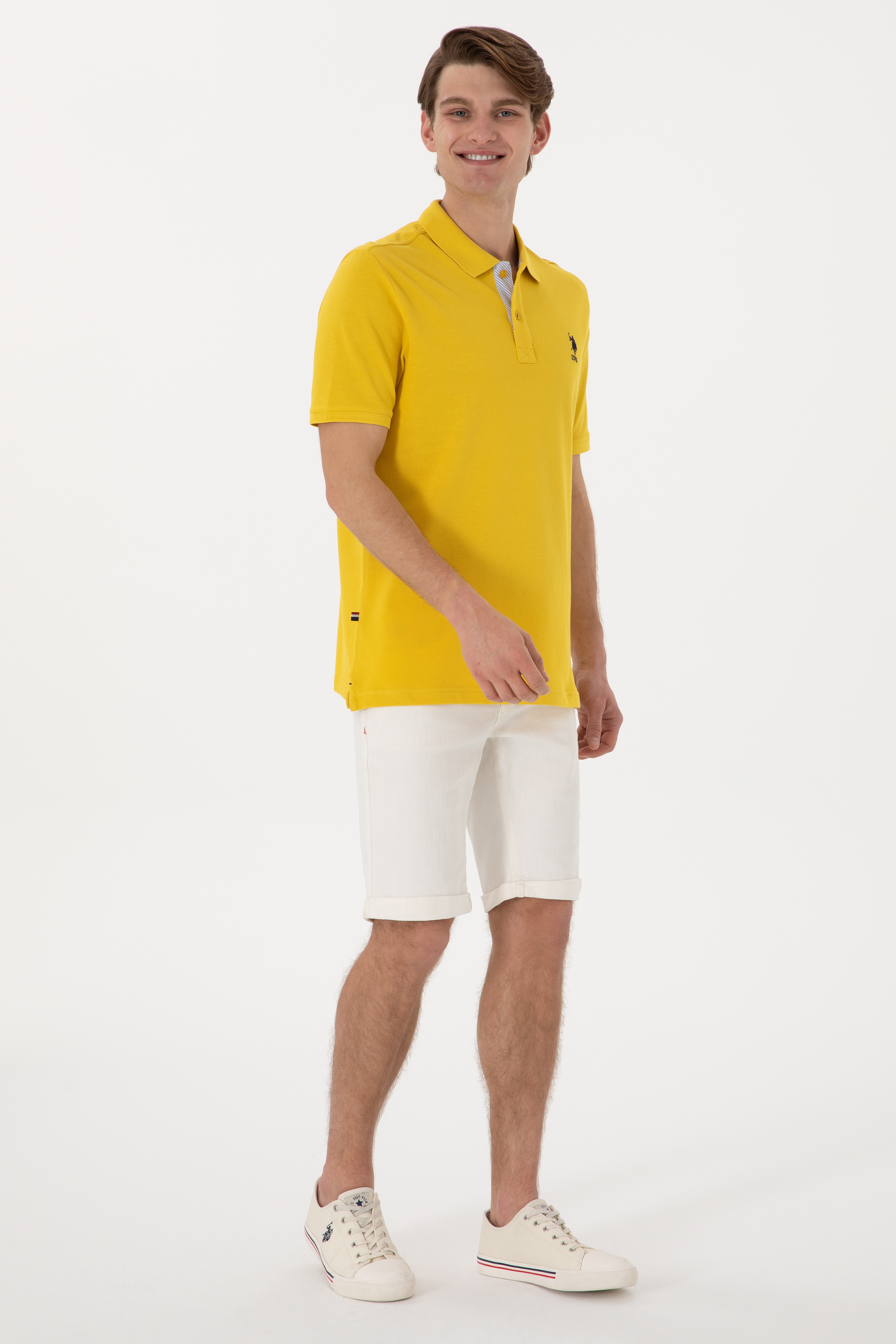 Erkek Regular Fit Polo Yaka Sarı Basic Tişört - Image 4
