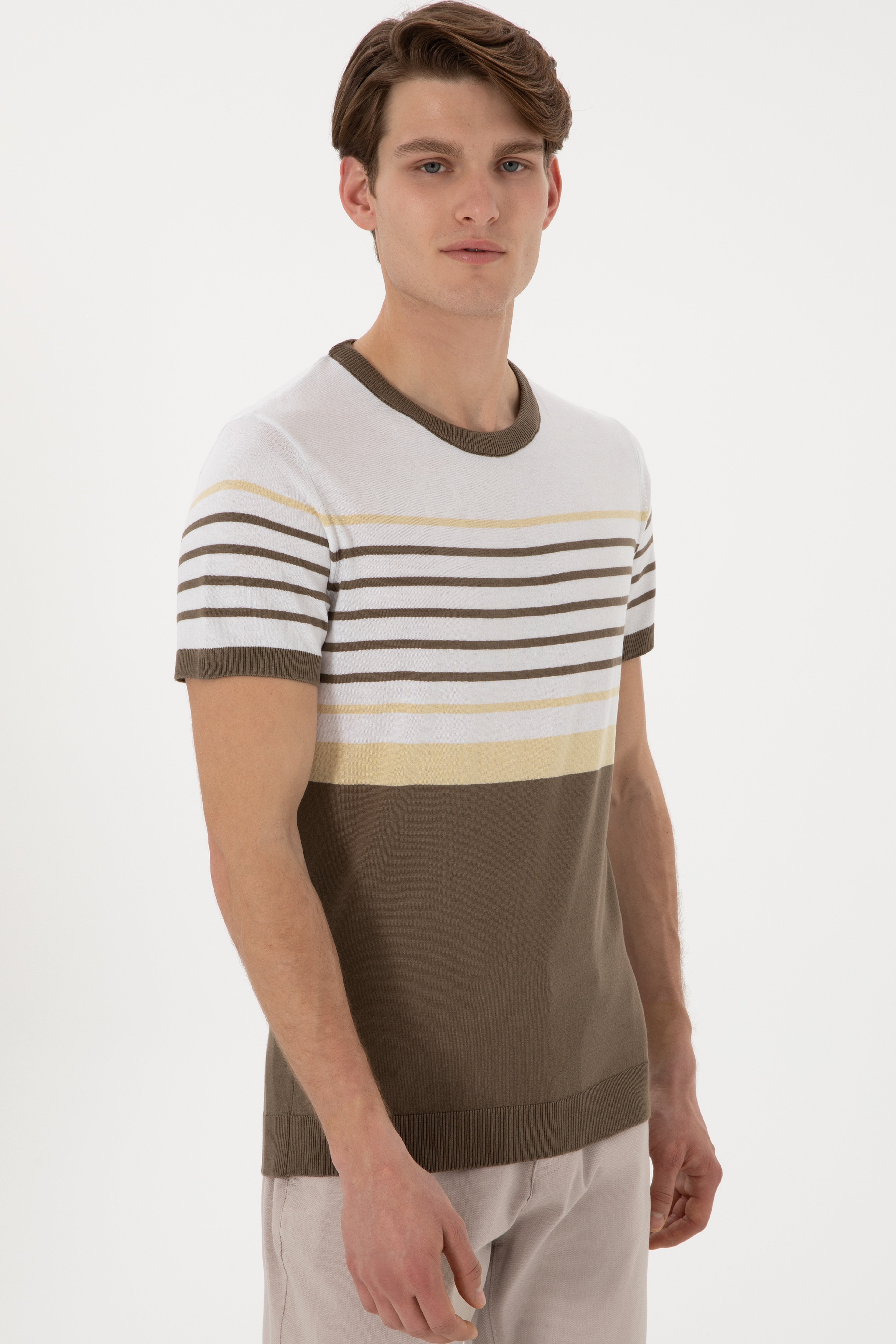 Erkek Slim Fit Bisiklet Yaka Vizon Tişört