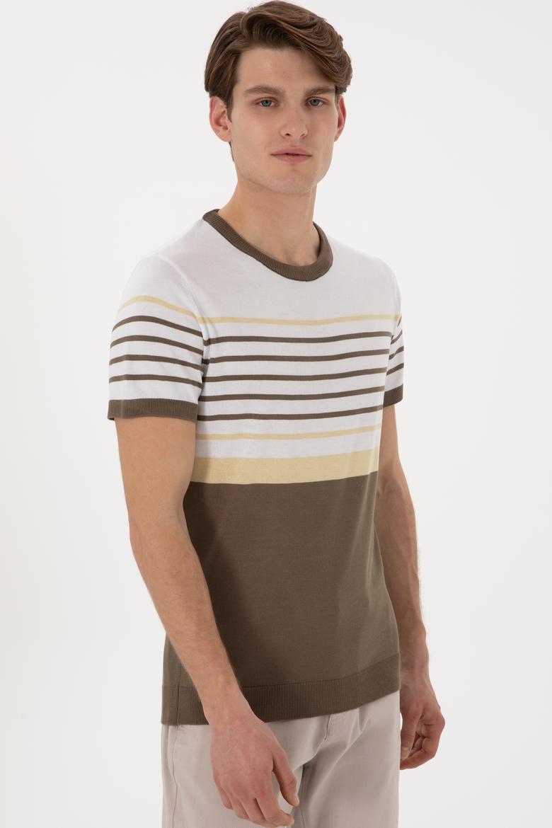 Erkek Slim Fit Bisiklet Yaka Vizon Tişört - 50299358055