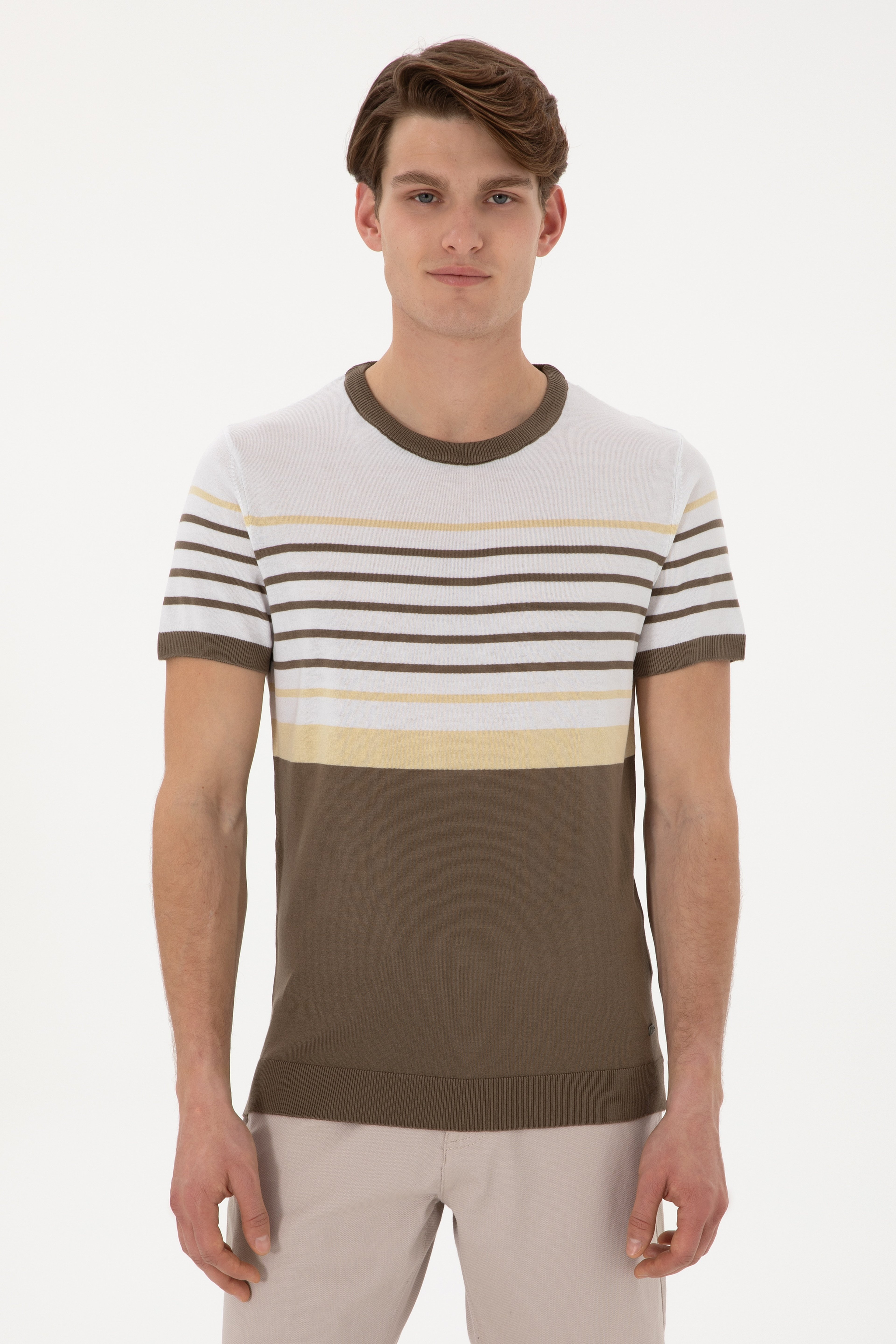 Erkek Slim Fit Bisiklet Yaka Vizon Tişört - Image 1