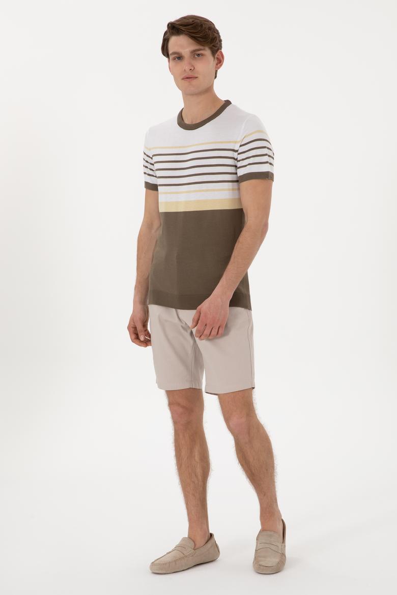 Erkek Slim Fit Bisiklet Yaka Vizon Tişört - 50299358055