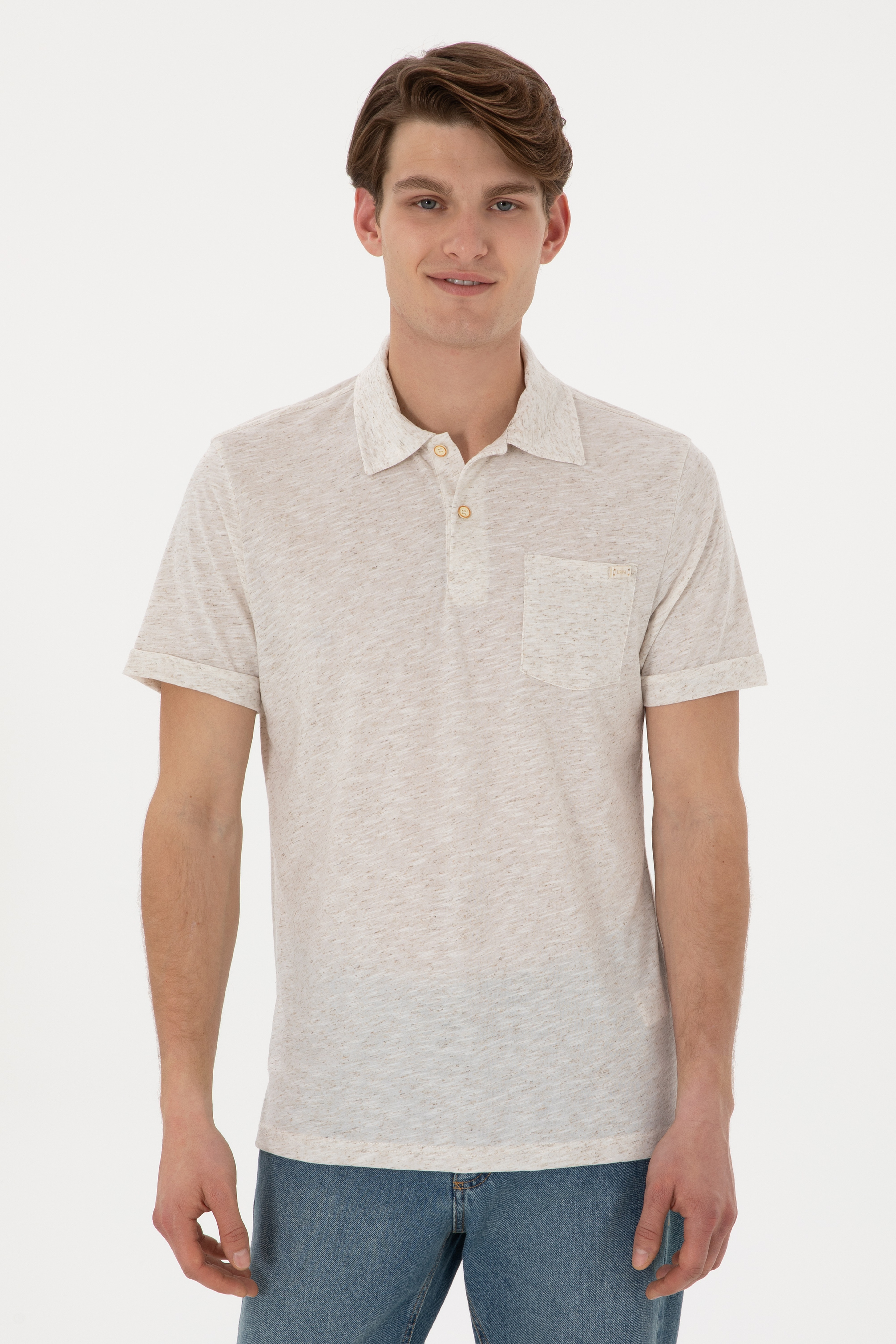 Erkek Regular Fit Polo Yaka Krem Tişört - Image 1