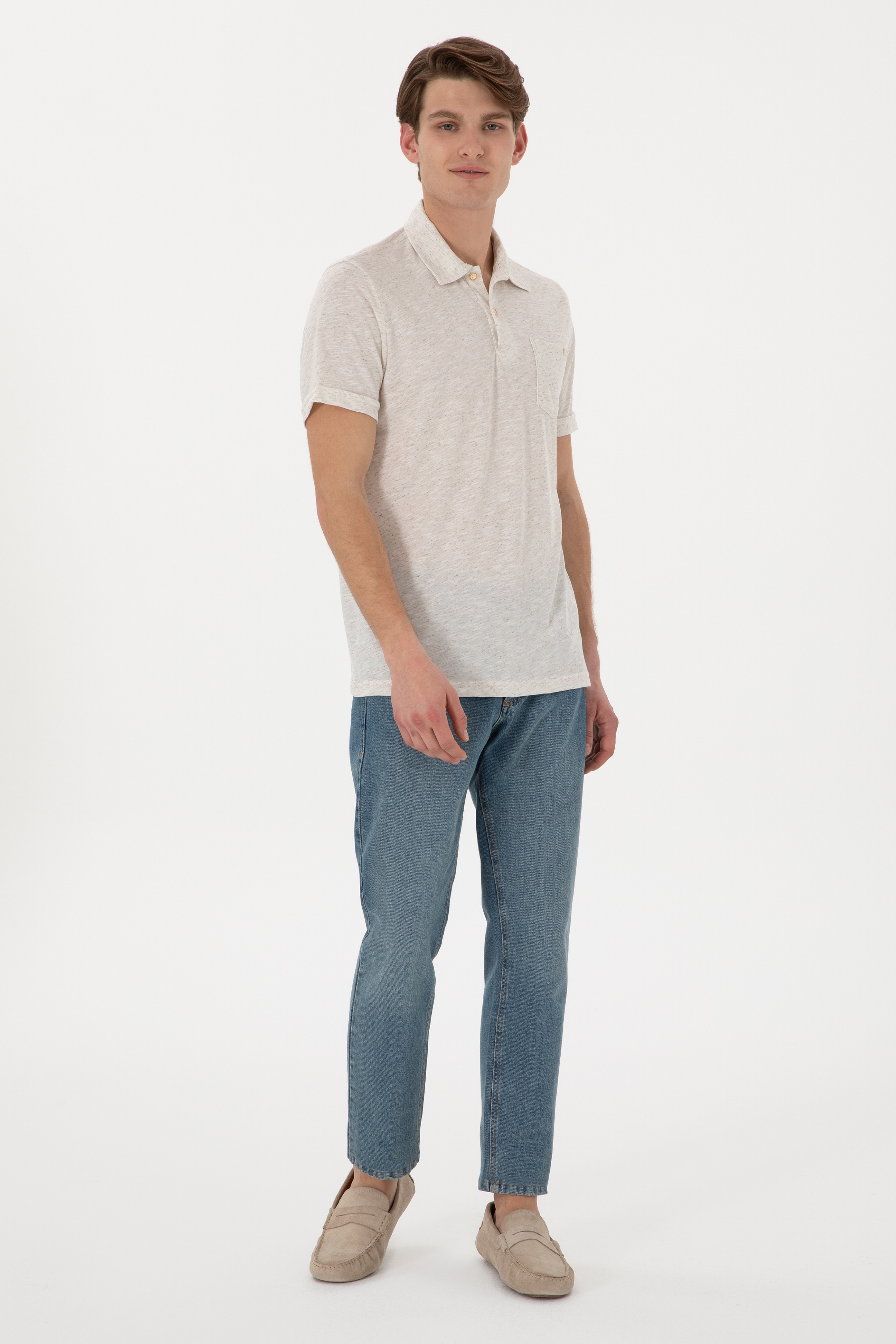 Erkek Regular Fit Polo Yaka Krem Tişört - Image 4