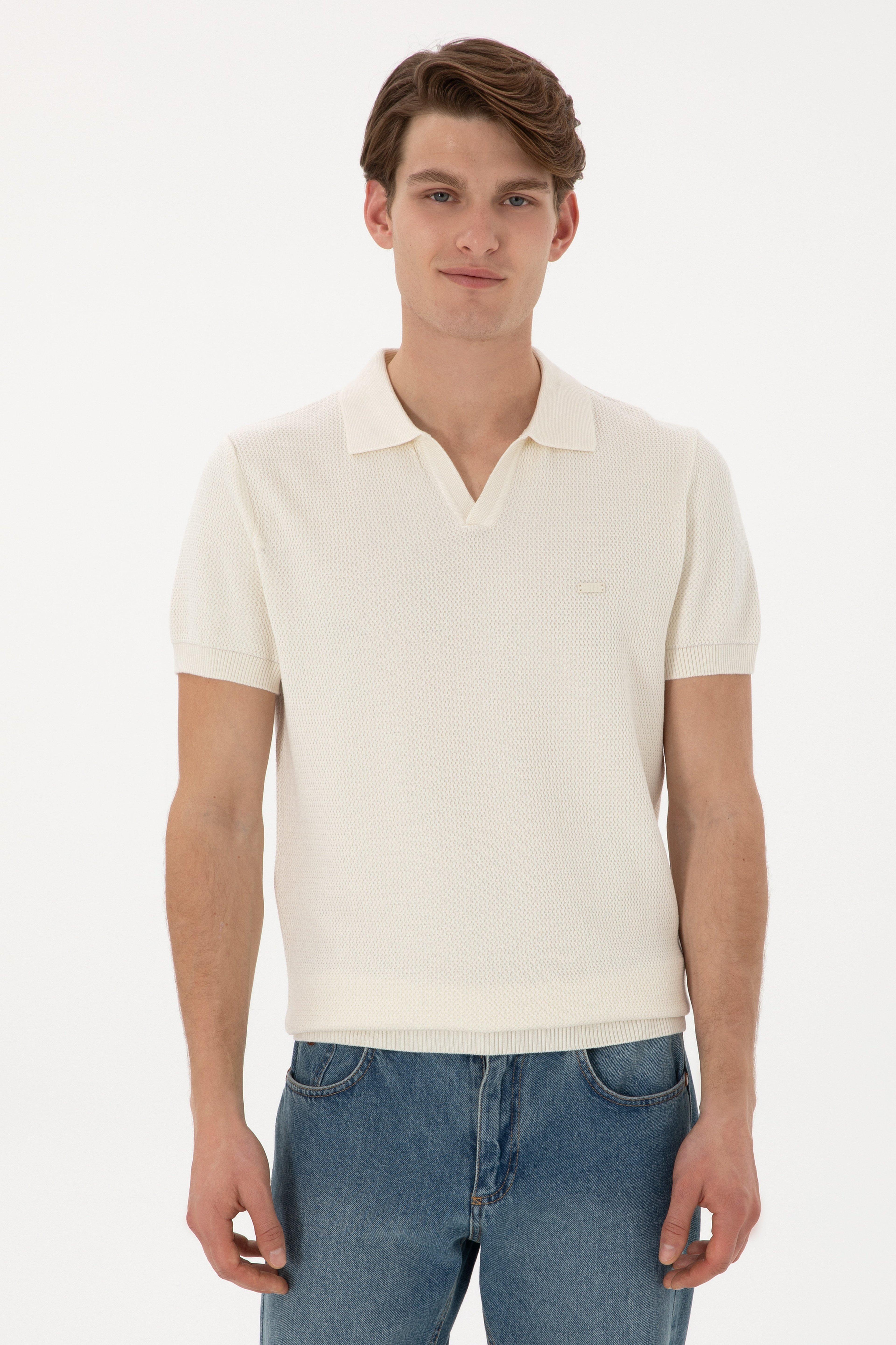 Erkek Slim Fit Polo Yaka Krem Tişört - Image 1