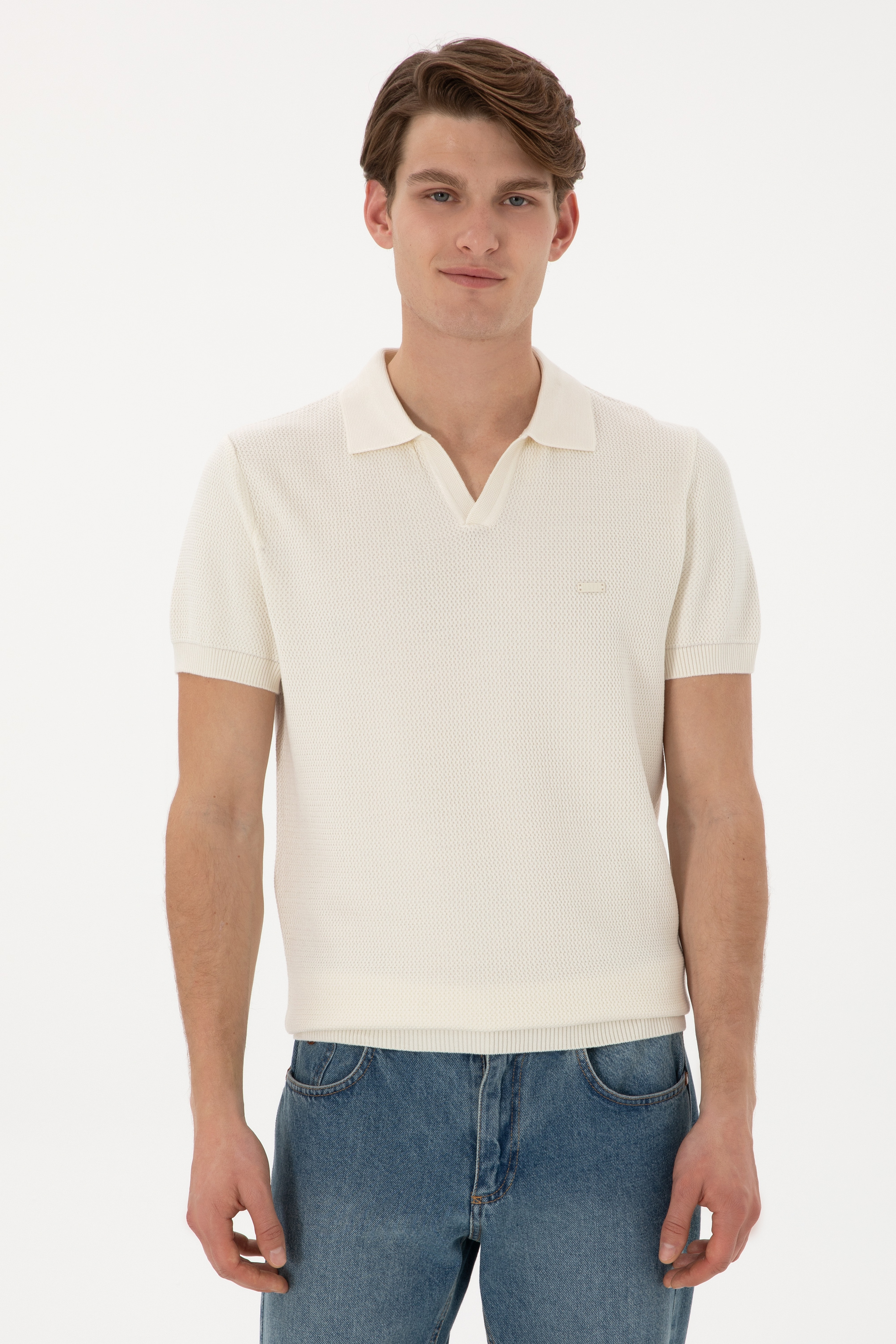 Erkek Slim Fit Polo Yaka Krem Tişört