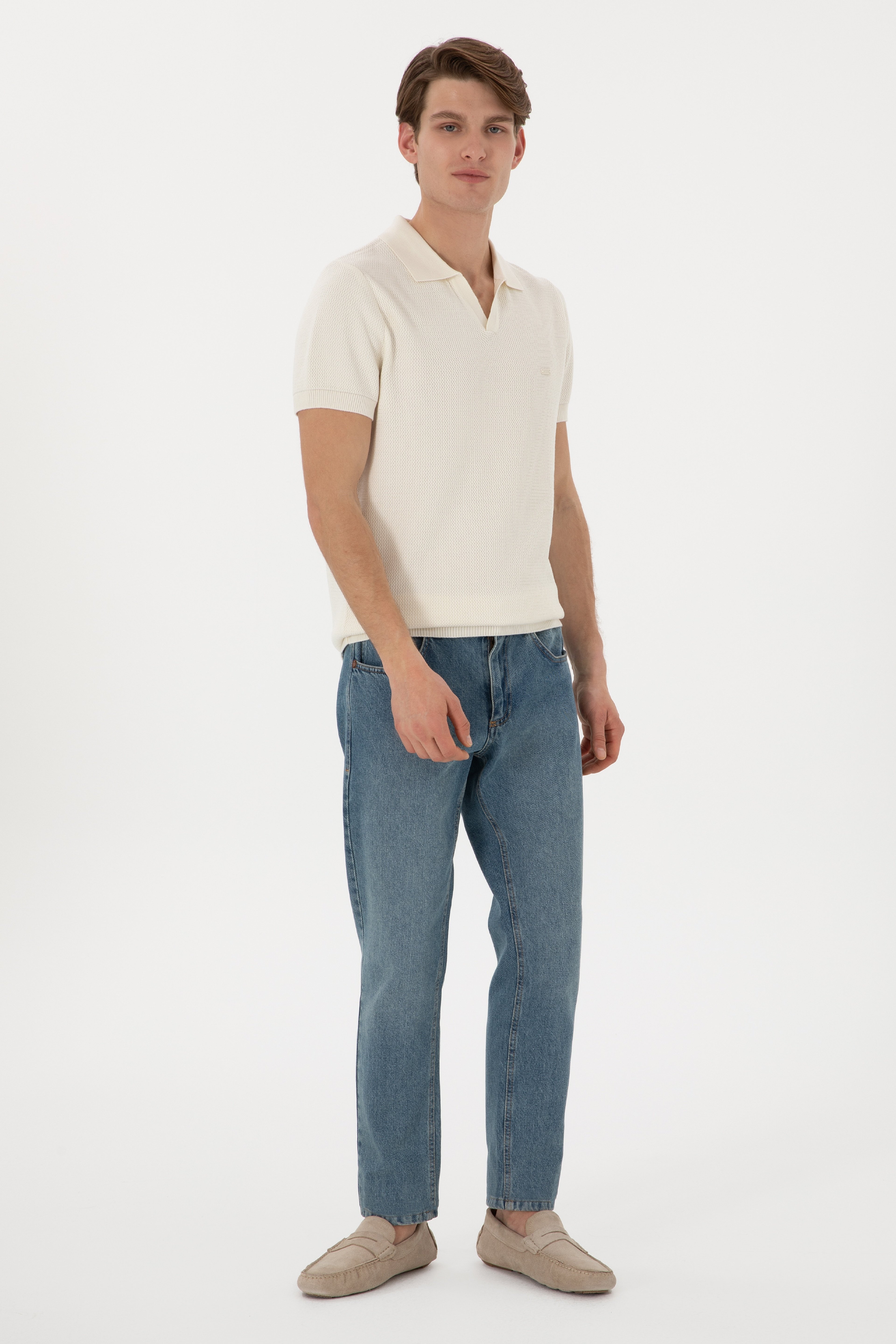 Erkek Slim Fit Polo Yaka Krem Tişört