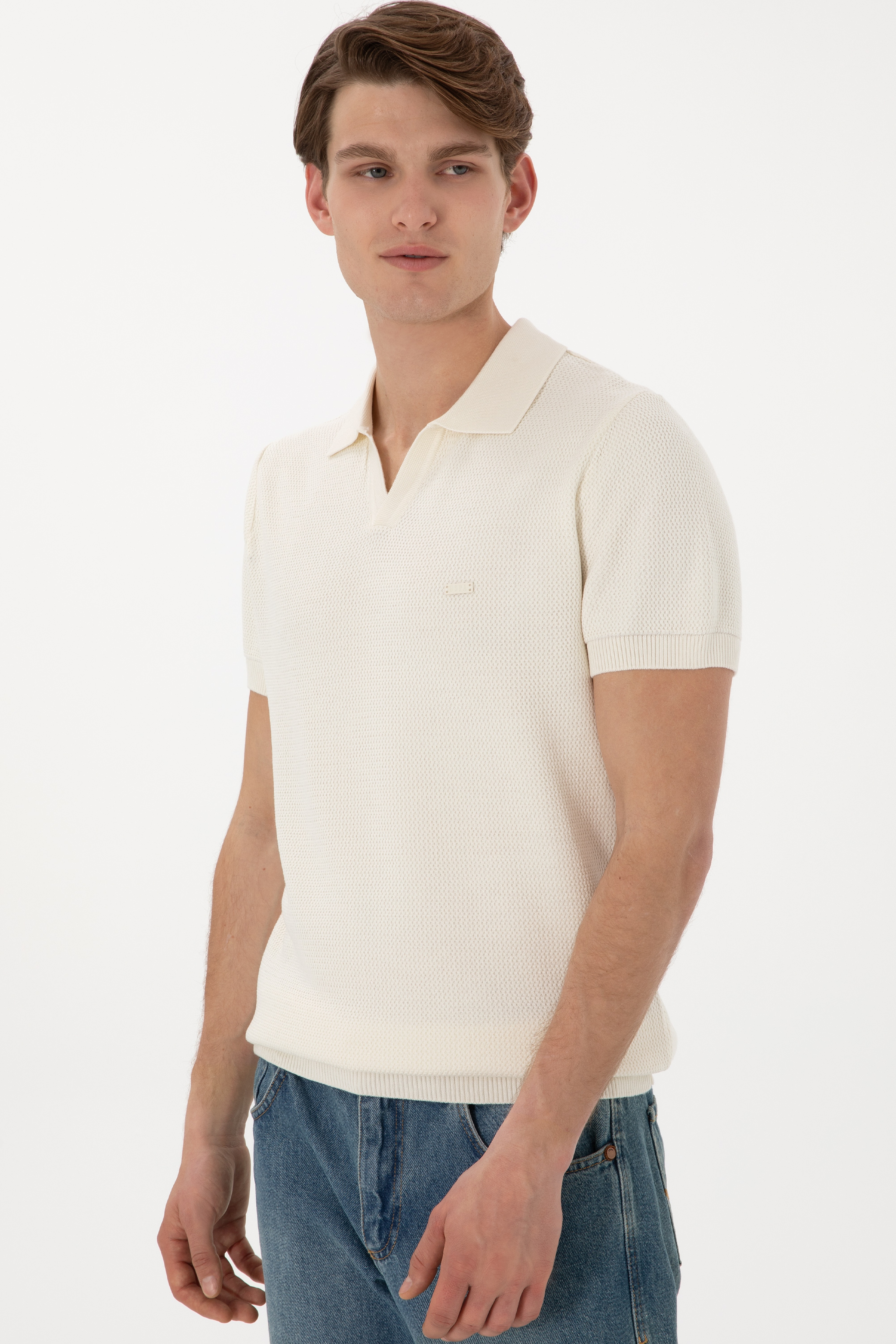 Erkek Slim Fit Polo Yaka Krem Tişört