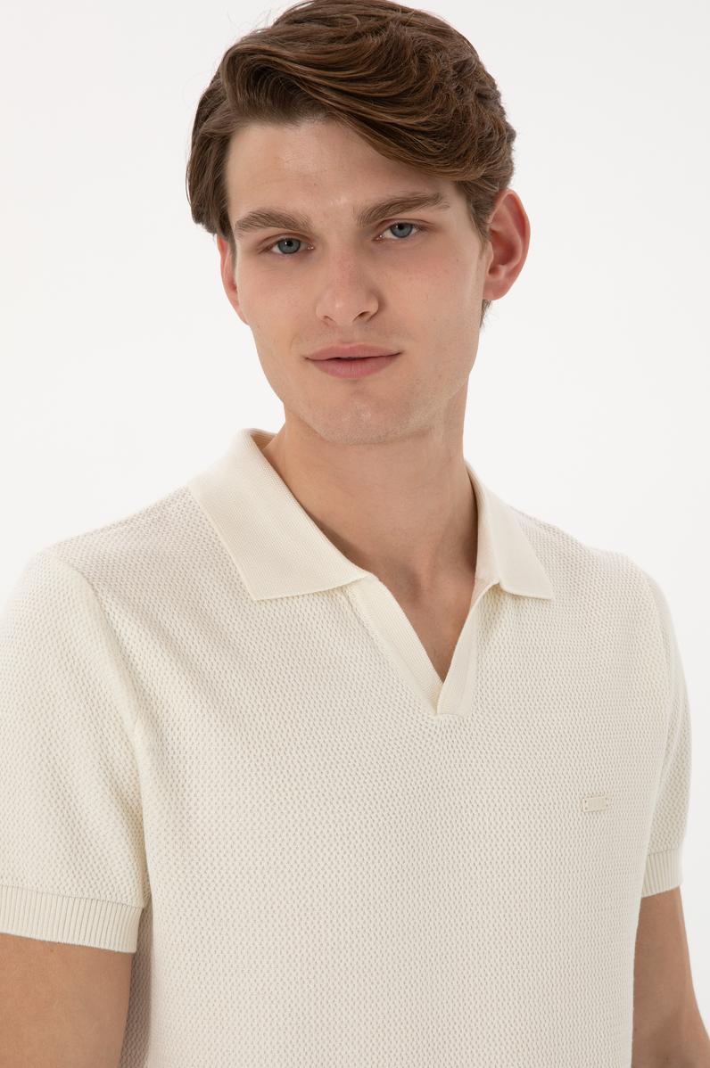 Erkek Slim Fit Polo Yaka Krem Tişört