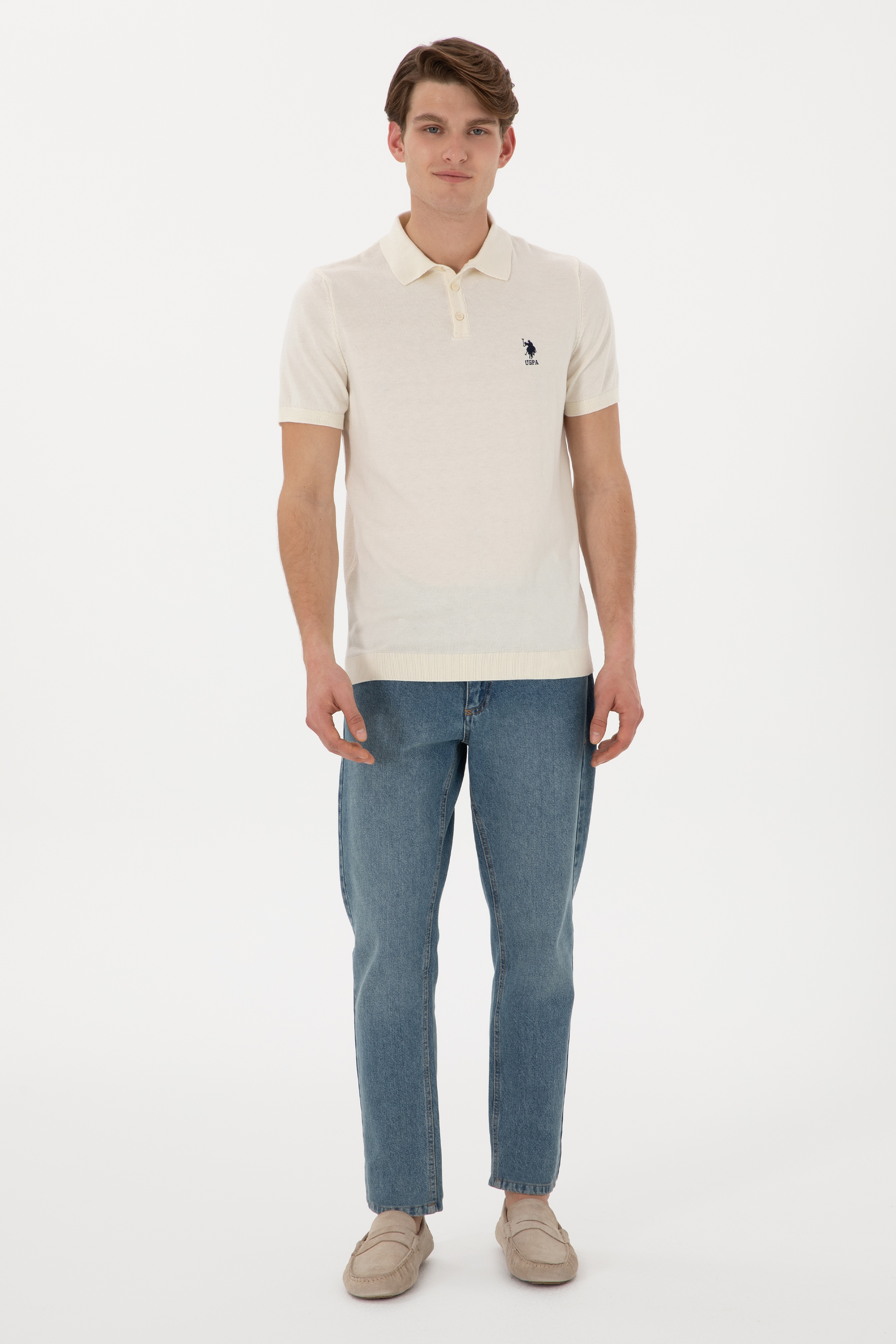 Erkek Slim Fit Polo Yaka Krem Tişört