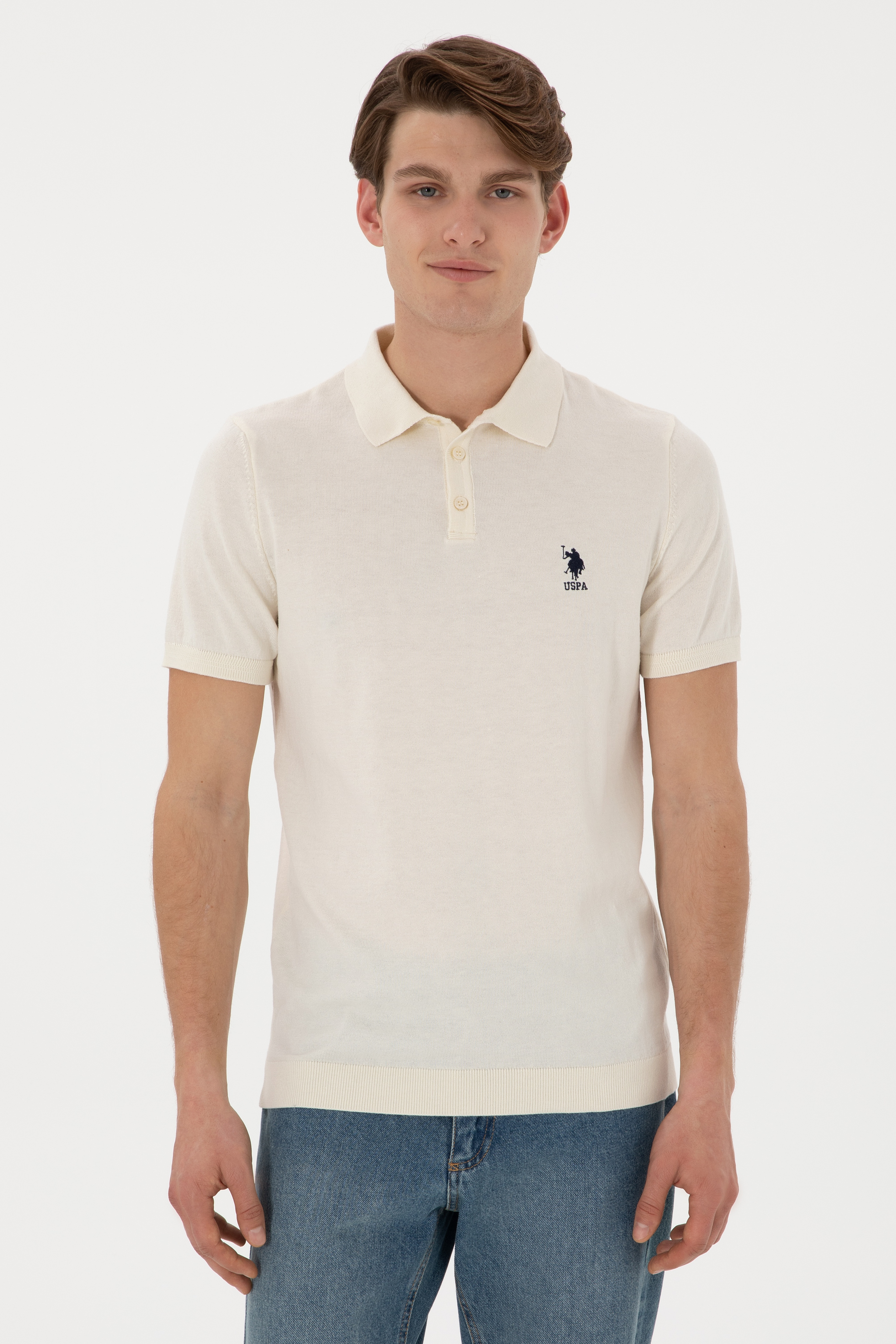 Erkek Slim Fit Polo Yaka Krem Tişört - Image 1