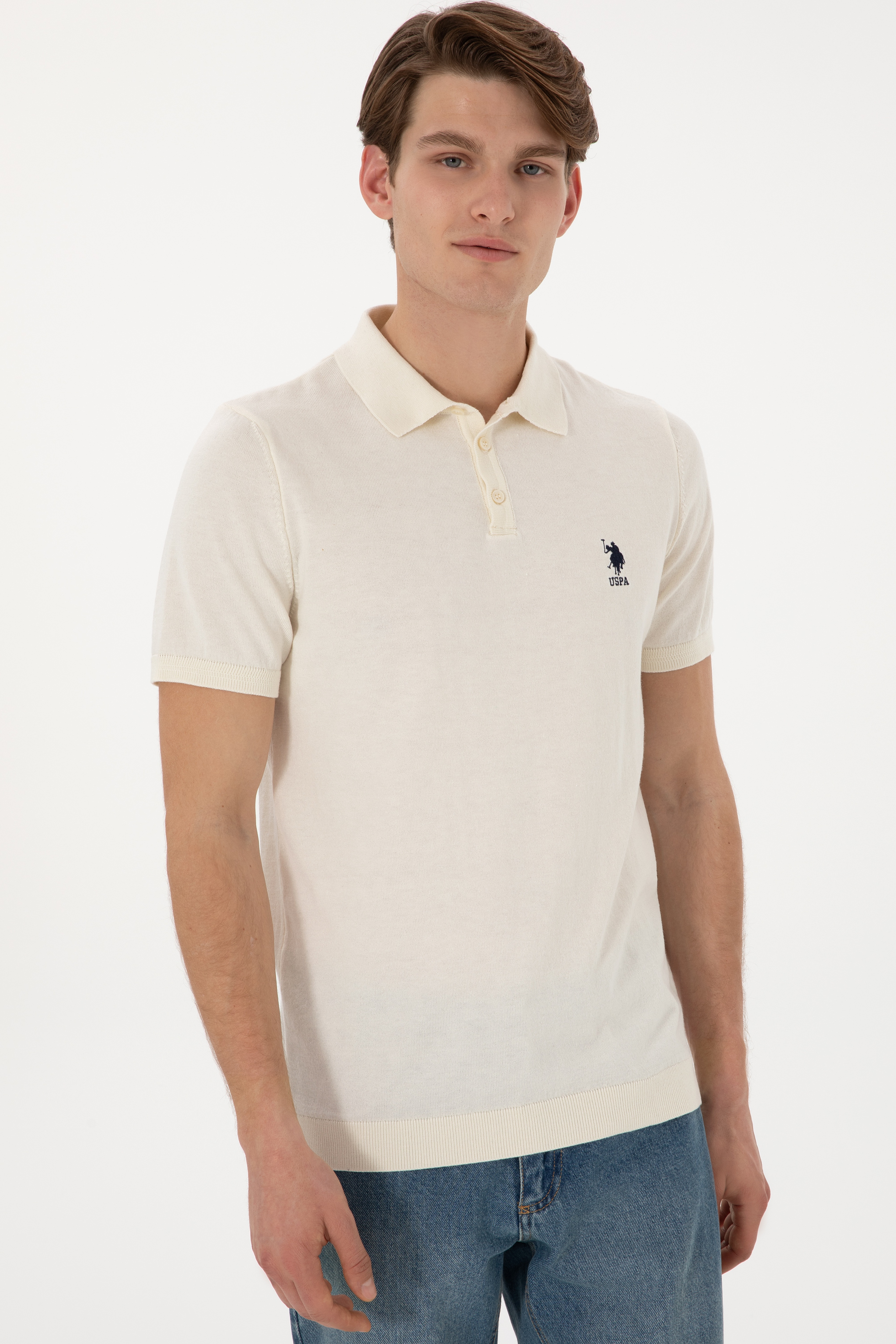 Erkek Slim Fit Polo Yaka Krem Tişört