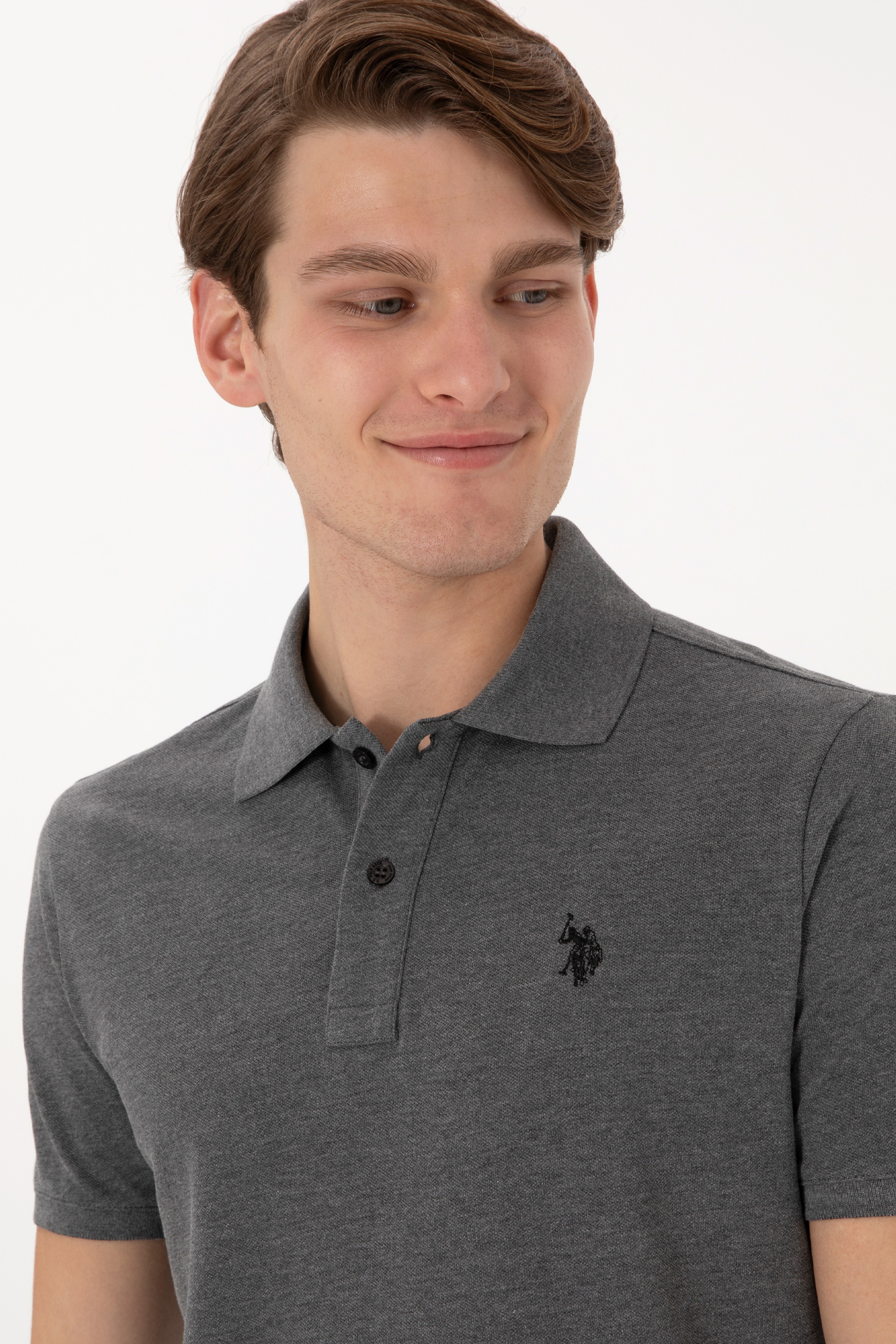 Erkek Slim Fit Polo Yaka Antrasit Melanj Basic Tişört - Image 2