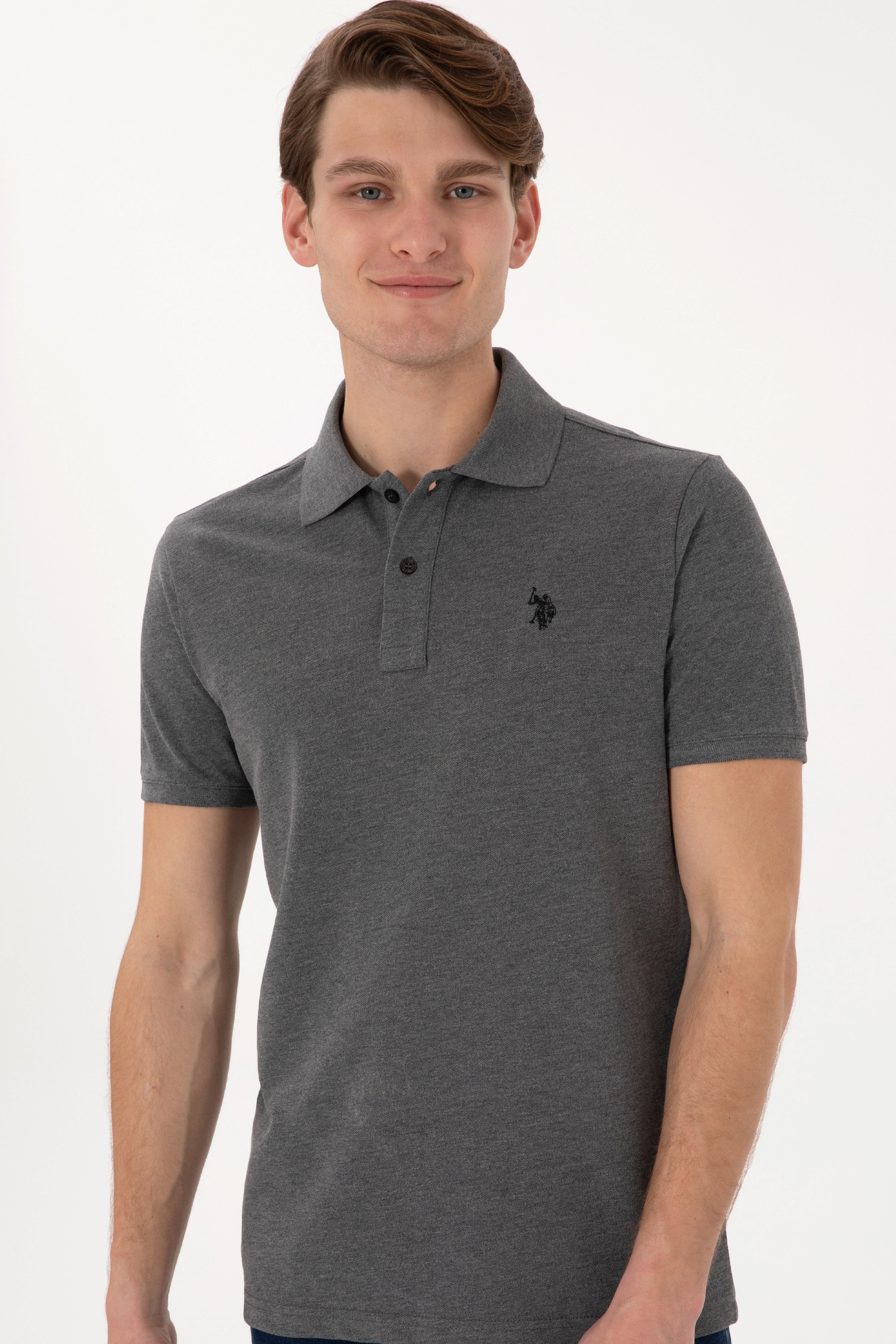 Erkek Slim Fit Polo Yaka Antrasit Melanj Basic Tişört - Image 3