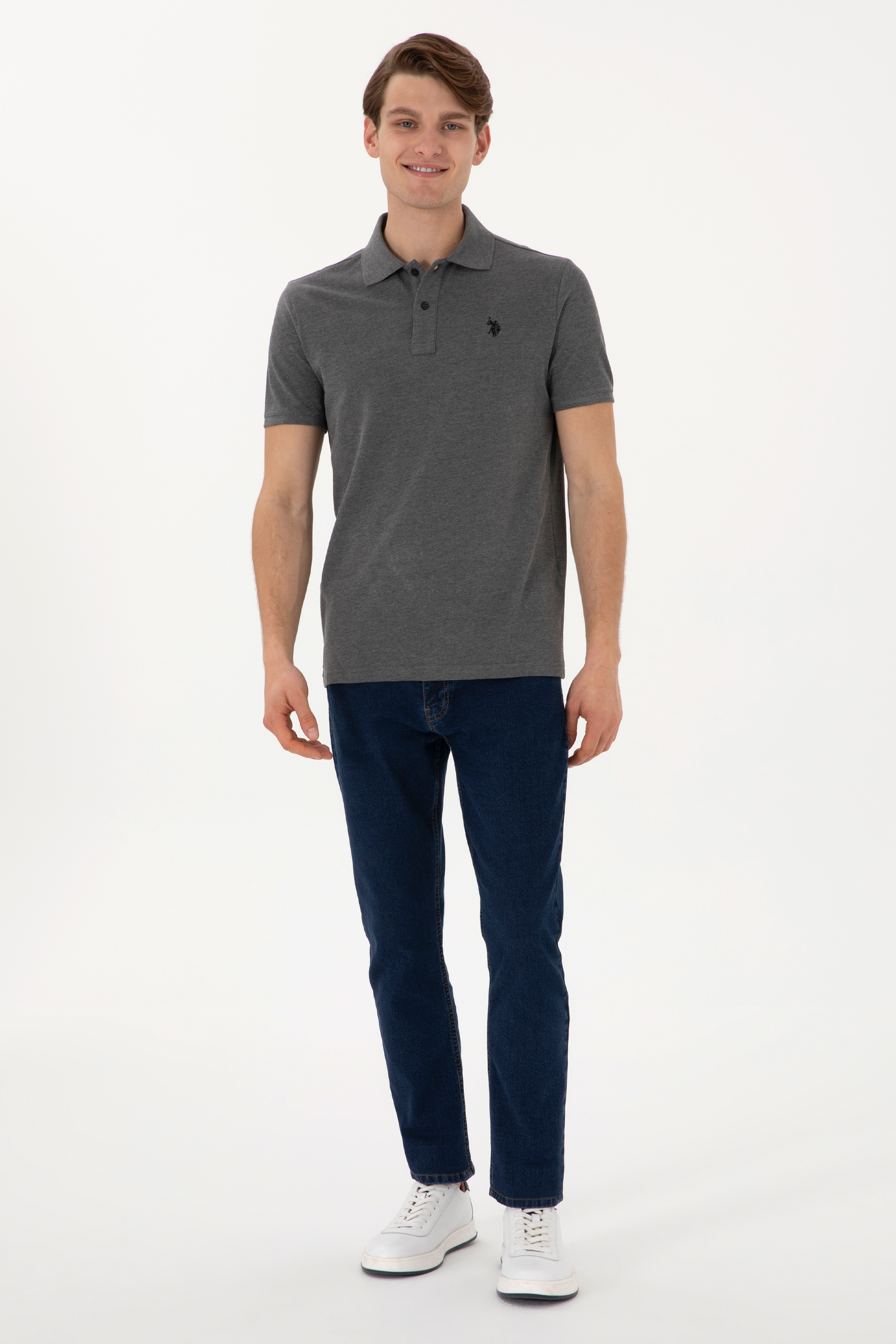 Erkek Slim Fit Polo Yaka Antrasit Melanj Basic Tişört - Image 4