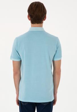 Erkek Slim Fit Polo Yaka Açık Mavi Yıkamalı Basic Tişört - 50298053207