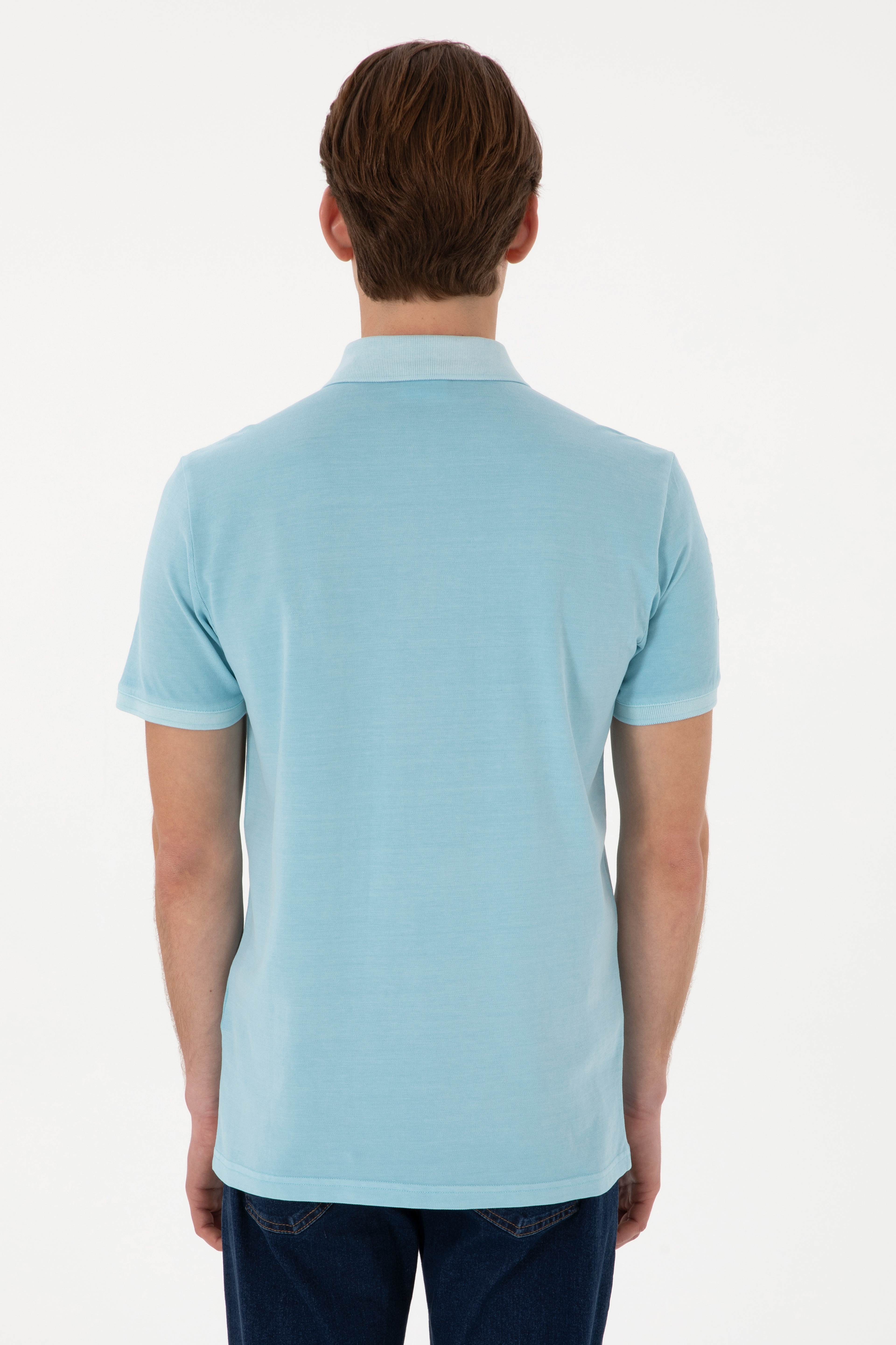 Erkek Slim Fit Polo Yaka Açık Mavi Yıkamalı Basic Tişört - Image 5