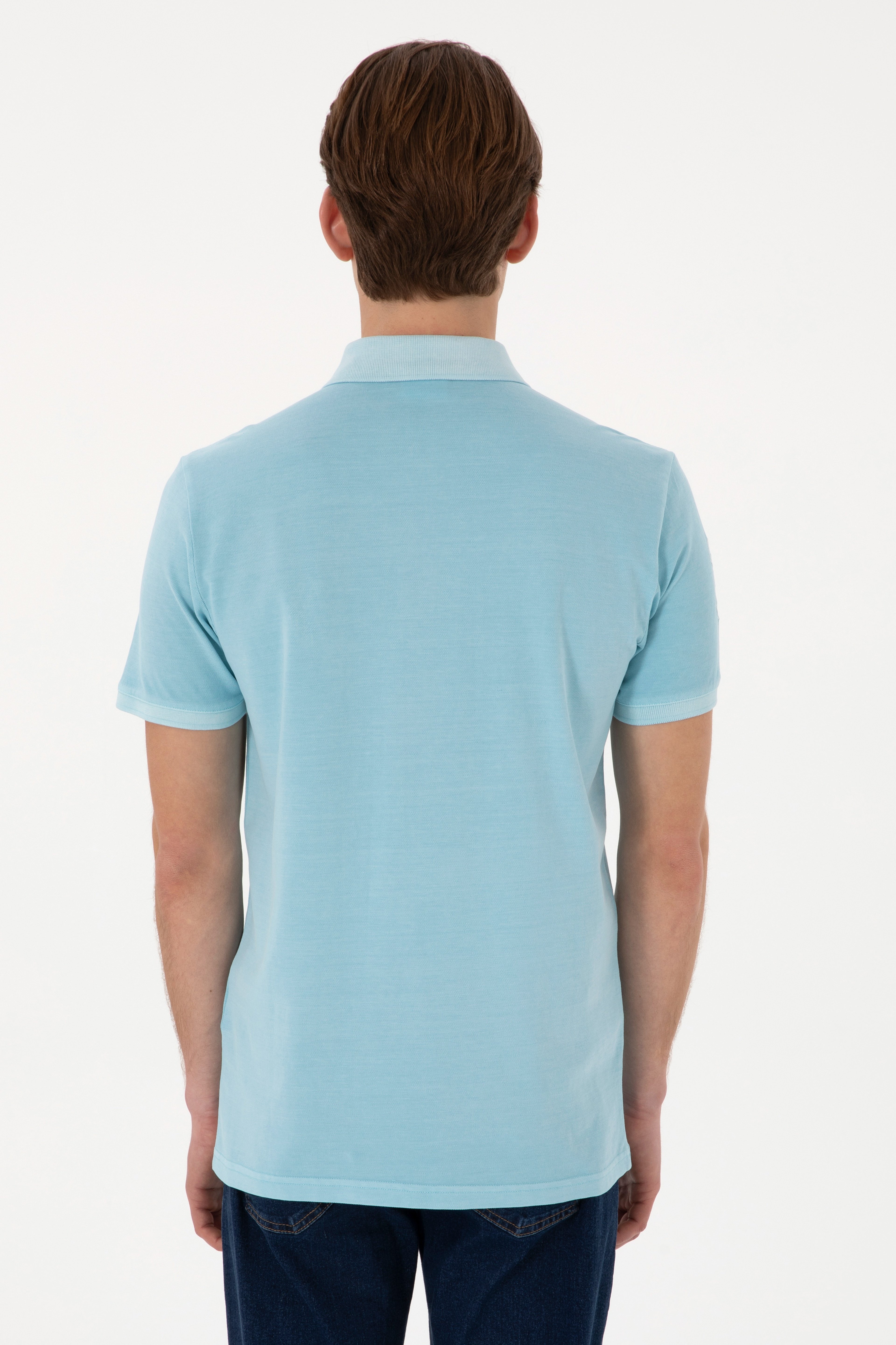 Erkek Slim Fit Polo Yaka Açık Mavi Yıkamalı Basic Tişört