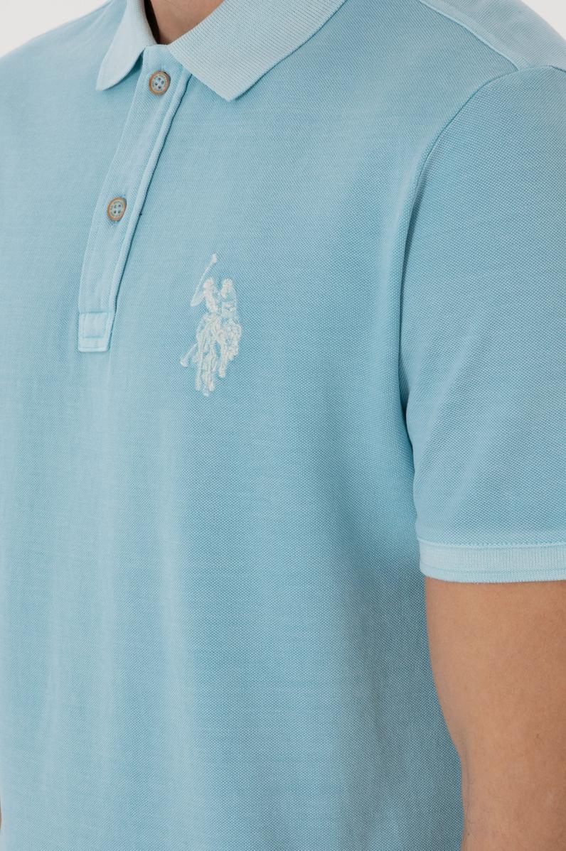 Erkek Slim Fit Polo Yaka Açık Mavi Yıkamalı Basic Tişört