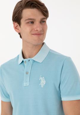 Erkek Slim Fit Polo Yaka Açık Mavi Yıkamalı Basic Tişört - 50298053207