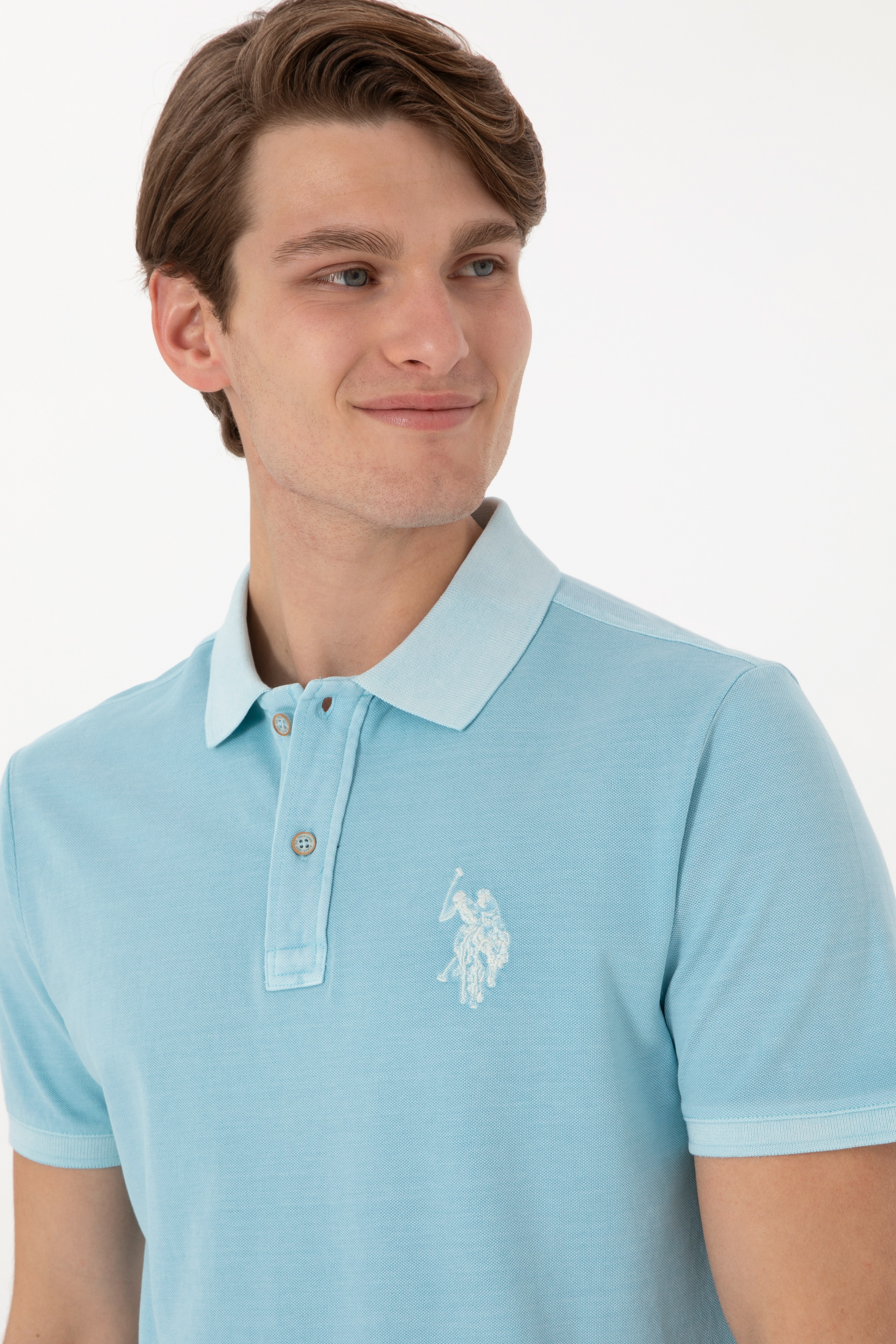 Erkek Slim Fit Polo Yaka Açık Mavi Yıkamalı Basic Tişört
