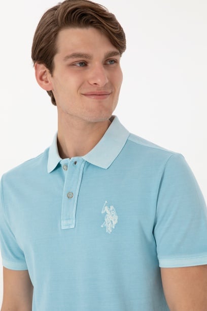 Erkek Slim Fit Polo Yaka Açık Mavi Yıkamalı Basic Tişört