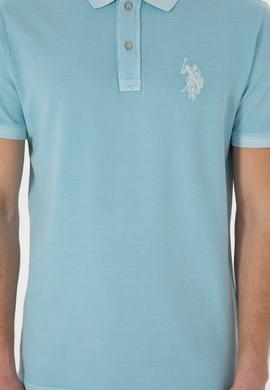 Erkek Slim Fit Polo Yaka Açık Mavi Yıkamalı Basic Tişört - 50298053207