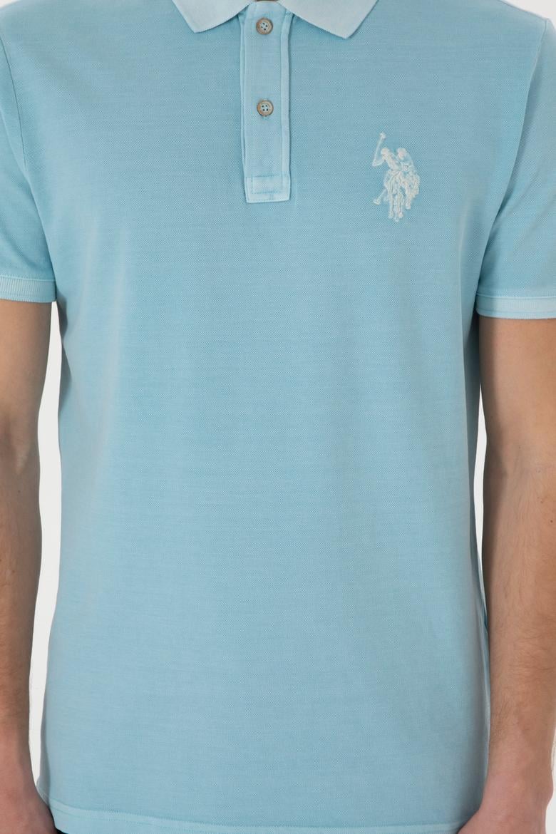 Erkek Slim Fit Polo Yaka Açık Mavi Yıkamalı Basic Tişört - 50298053207