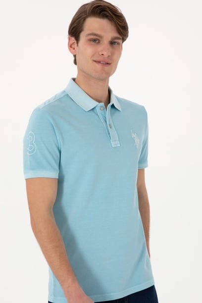 Erkek Slim Fit Polo Yaka Açık Mavi Yıkamalı Basic Tişört