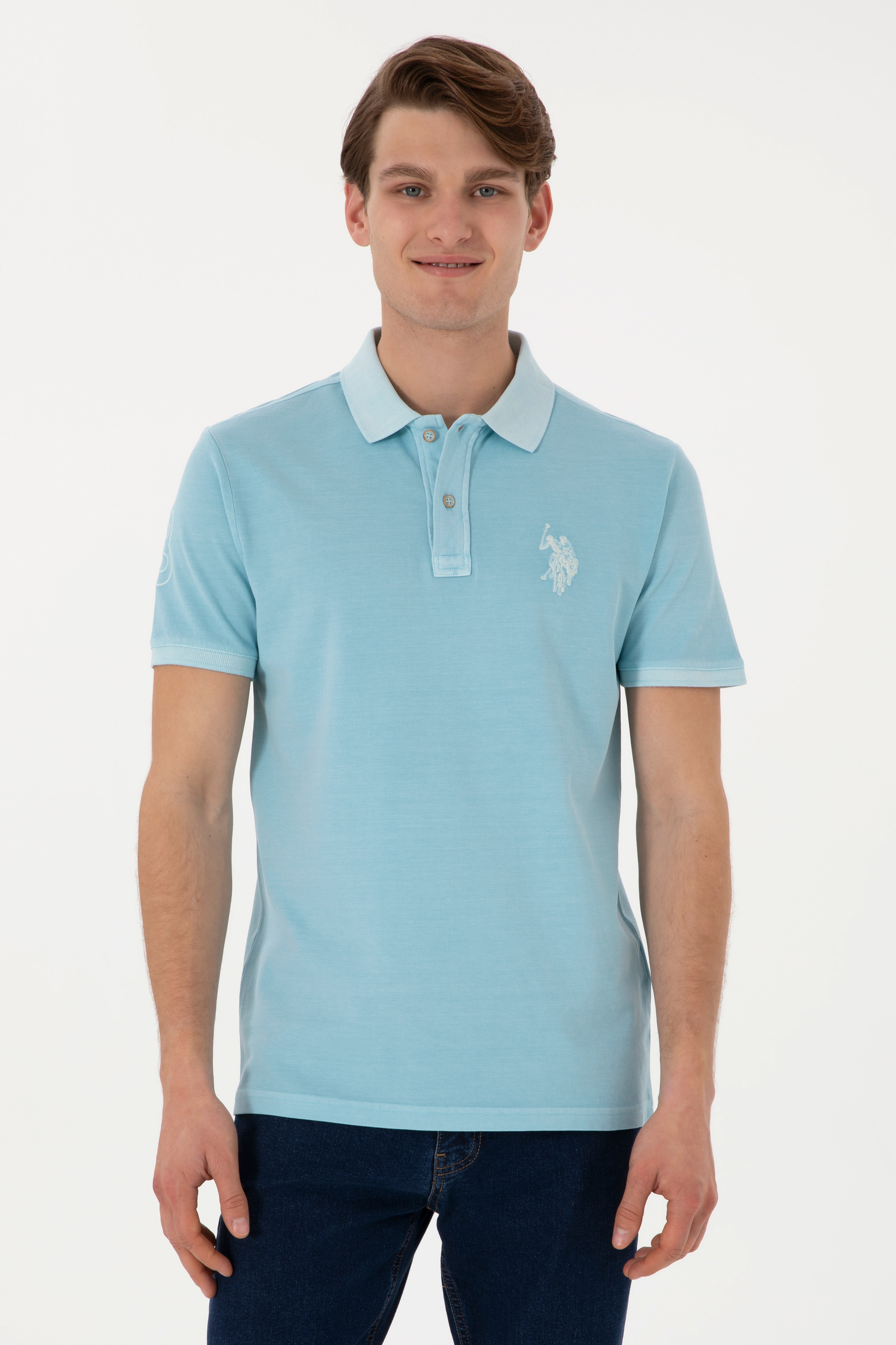 Erkek Slim Fit Polo Yaka Açık Mavi Yıkamalı Basic Tişört - Image 1