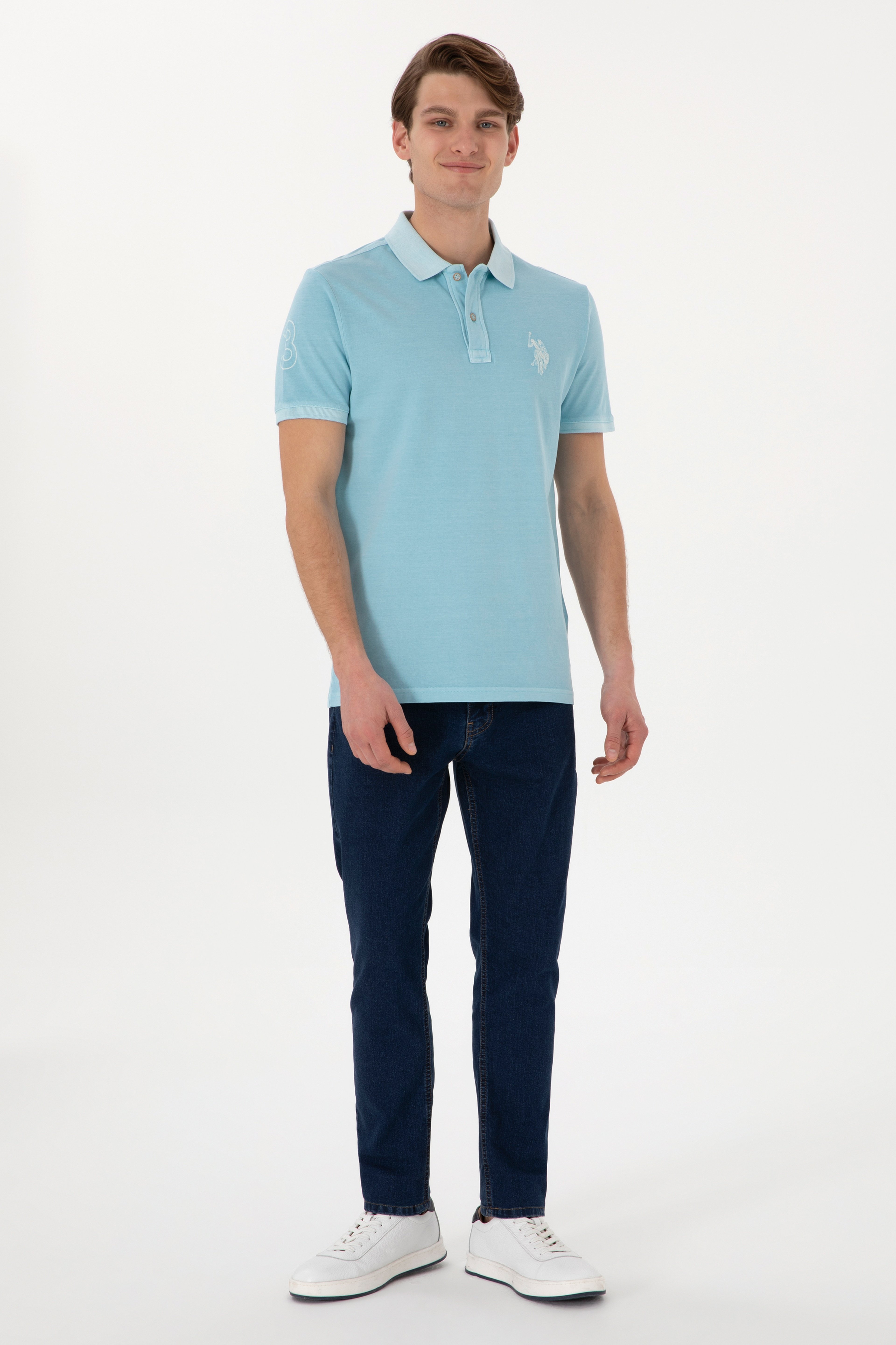 Erkek Slim Fit Polo Yaka Açık Mavi Yıkamalı Basic Tişört - Image 4
