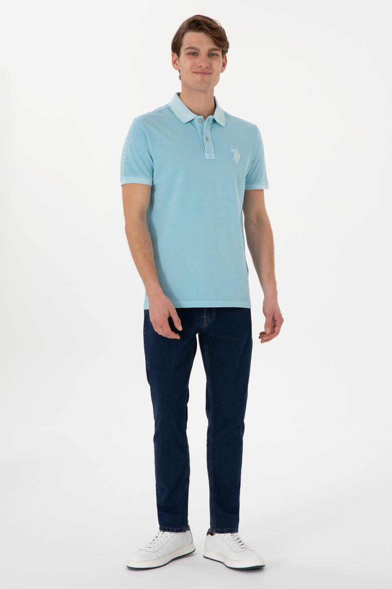 Erkek Slim Fit Polo Yaka Açık Mavi Yıkamalı Basic Tişört - 50298053207