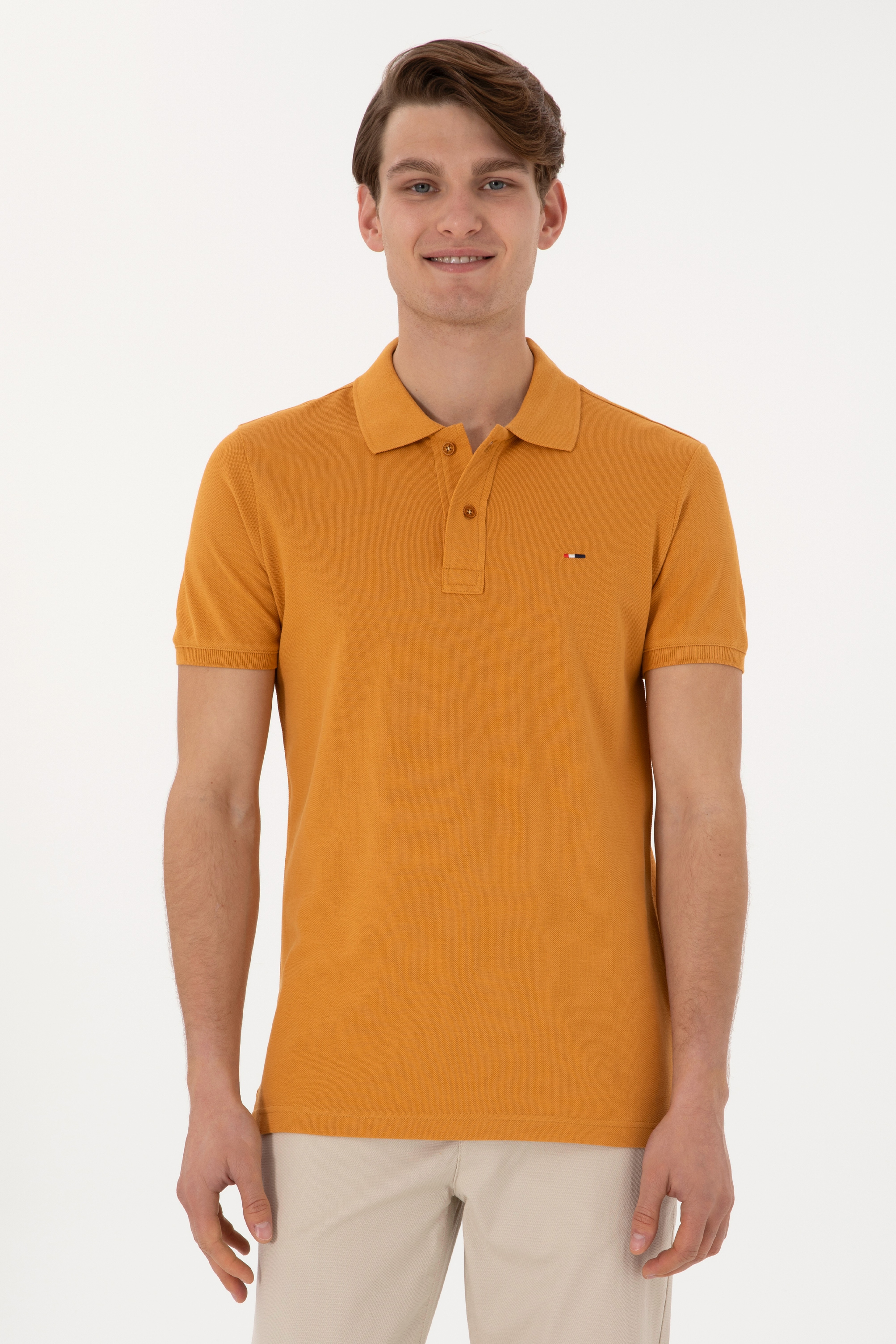 Erkek Slim Fit Polo Yaka Hardal Basic Tişört - Image 1