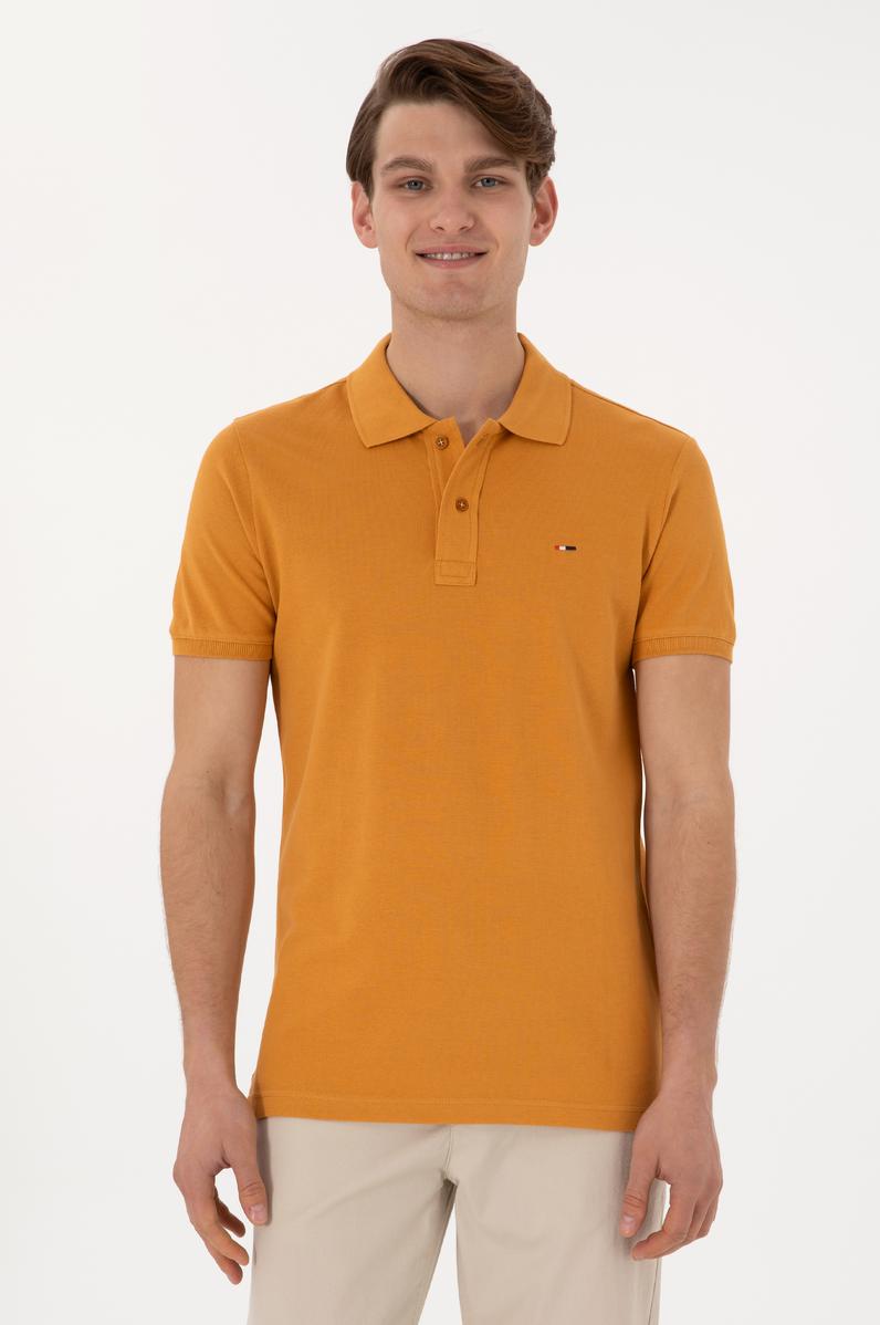 Erkek Slim Fit Polo Yaka Hardal Basic Tişört