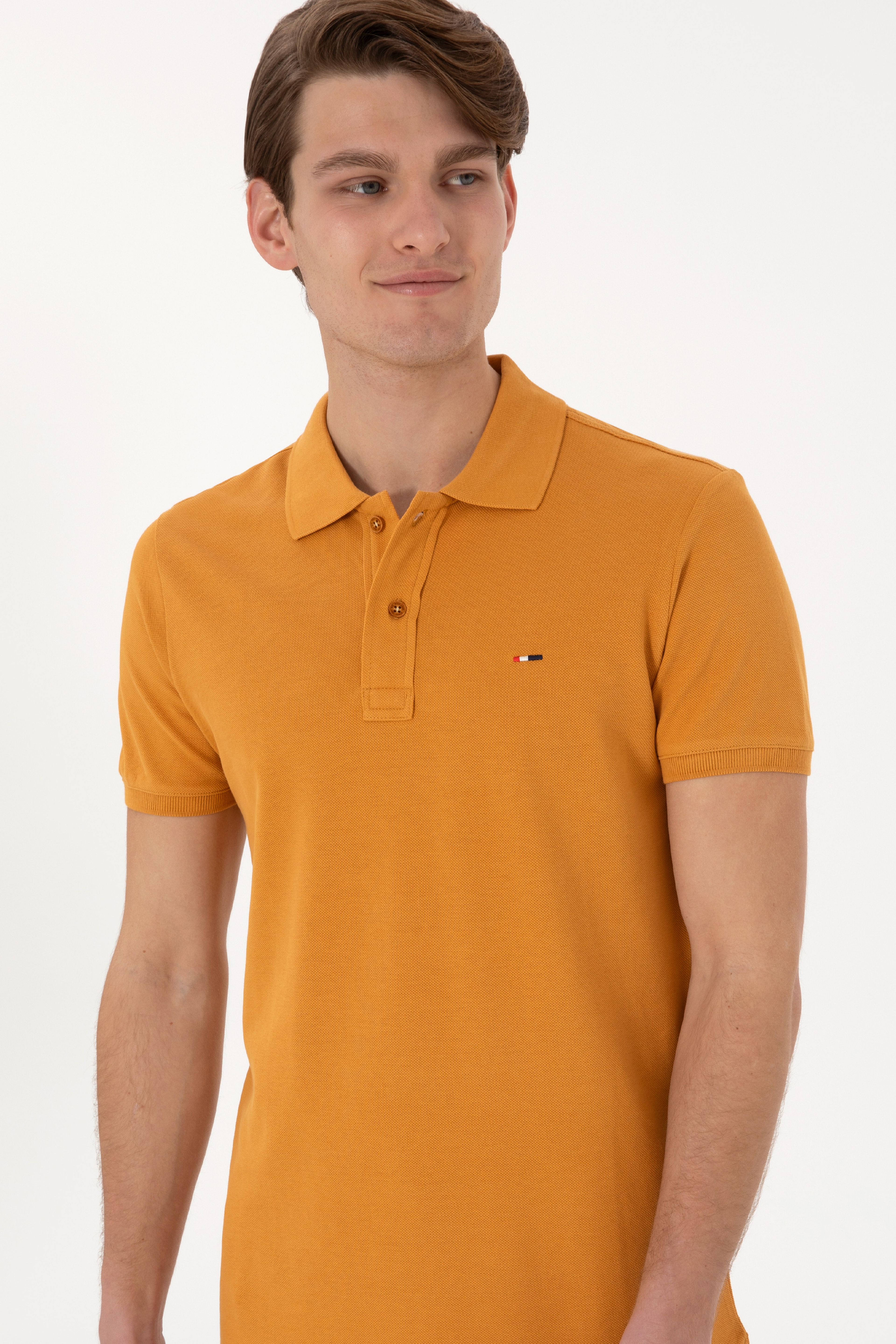 Erkek Slim Fit Polo Yaka Hardal Basic Tişört - Image 3