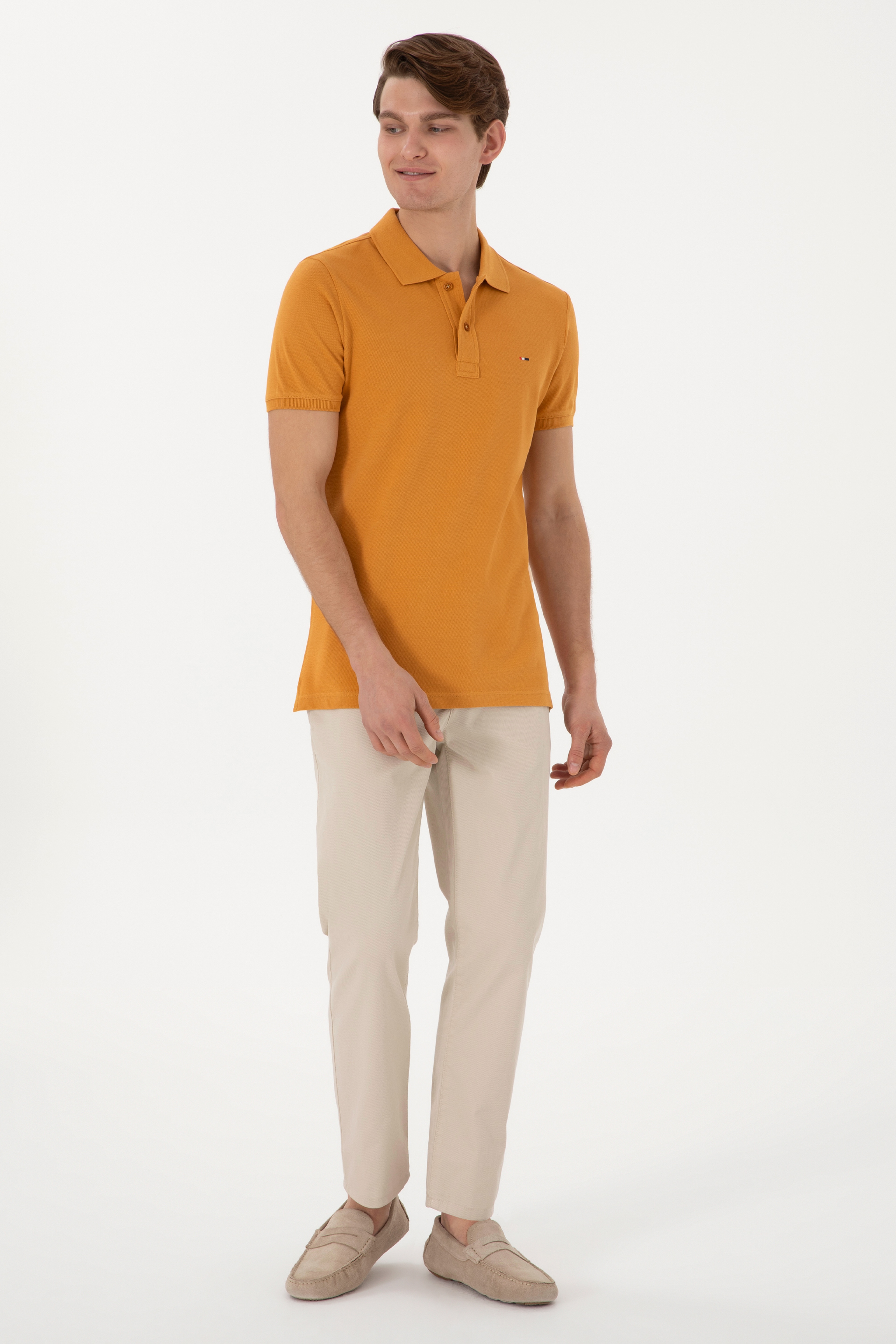 Erkek Slim Fit Polo Yaka Hardal Basic Tişört - Image 4