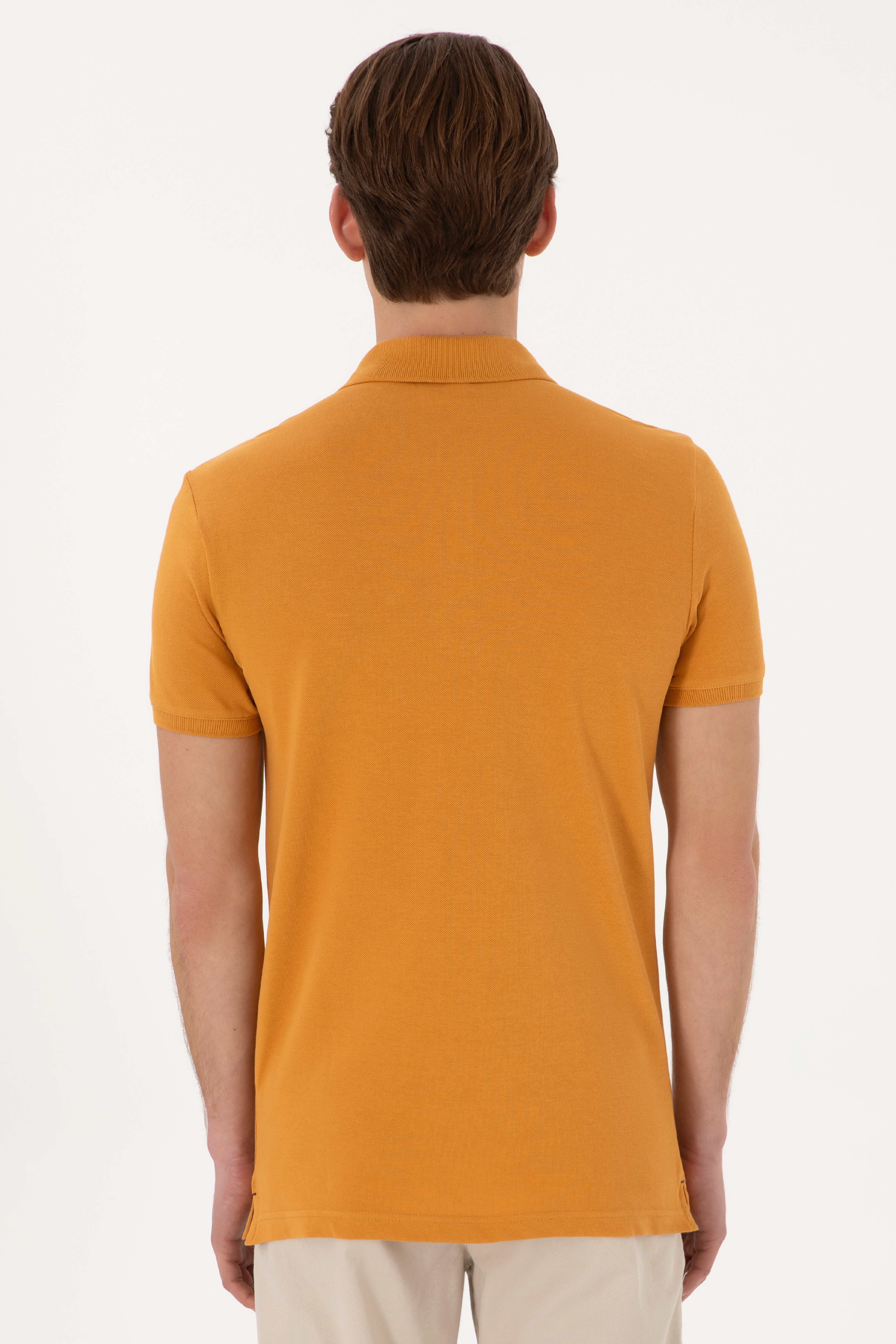 Erkek Slim Fit Polo Yaka Hardal Basic Tişört - Image 5